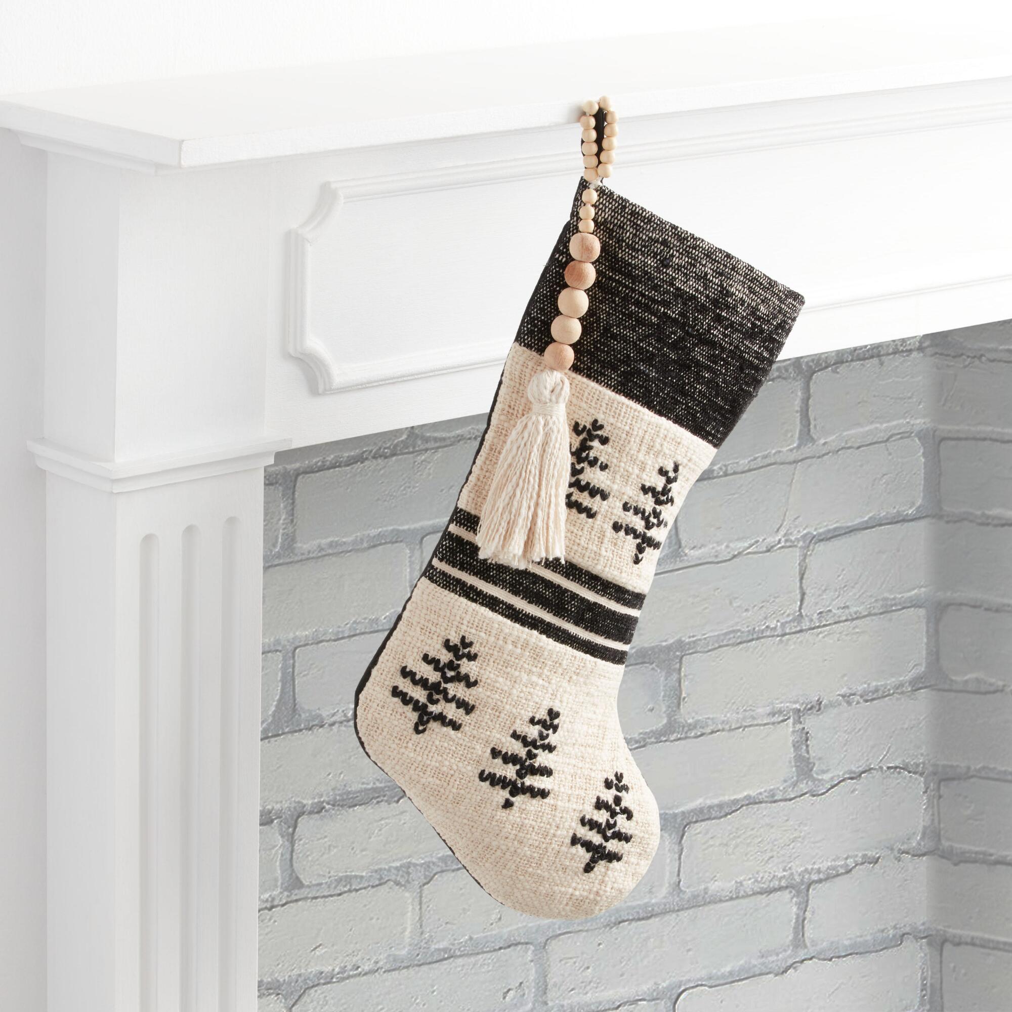 Ivory and Forest Green Farmhouse Christmas Stocking: Black/Multi/Cream - Cotton by World Market