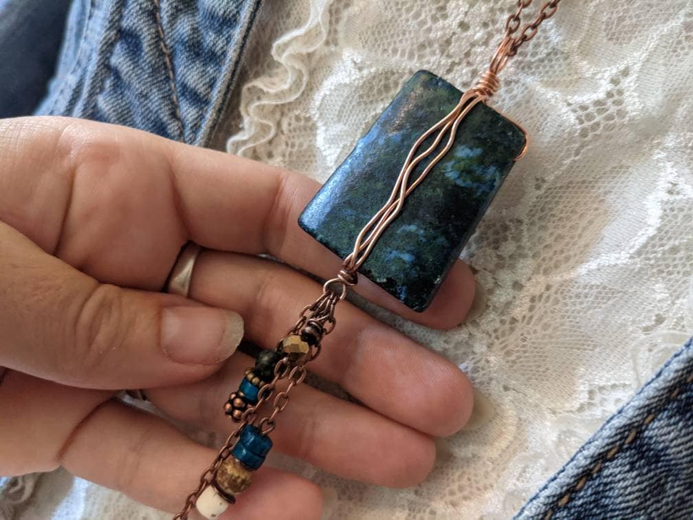 Long Boho Necklace, Teal Green & Copper Womens Necklaces, Ladies Healing Crystals in Bohemian Style By Jt Maui, Joy