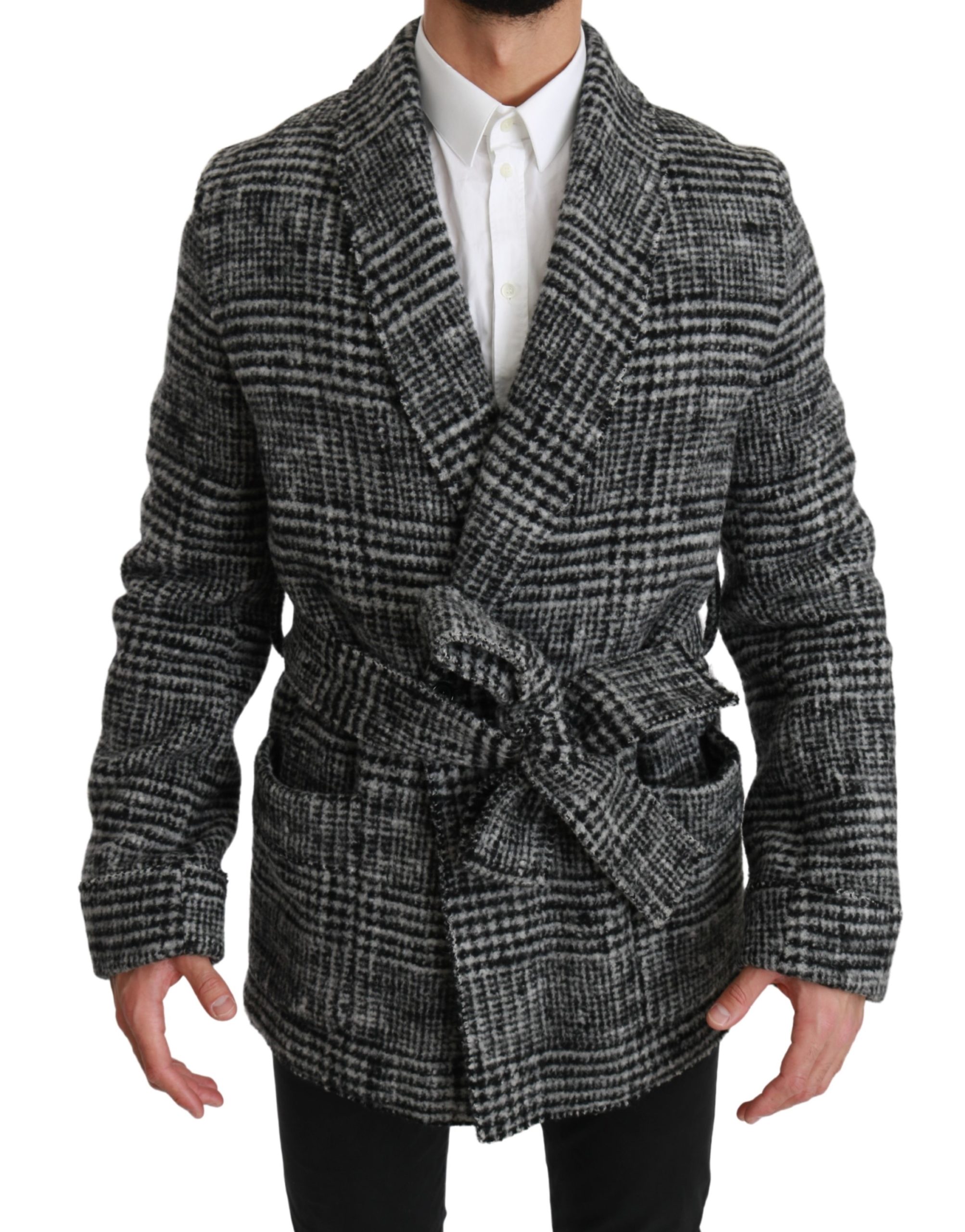 Dolce & Gabbana Men's Checkered Wool Robe Coat Wrap Jacket Gray JKT2489 - IT48 | M