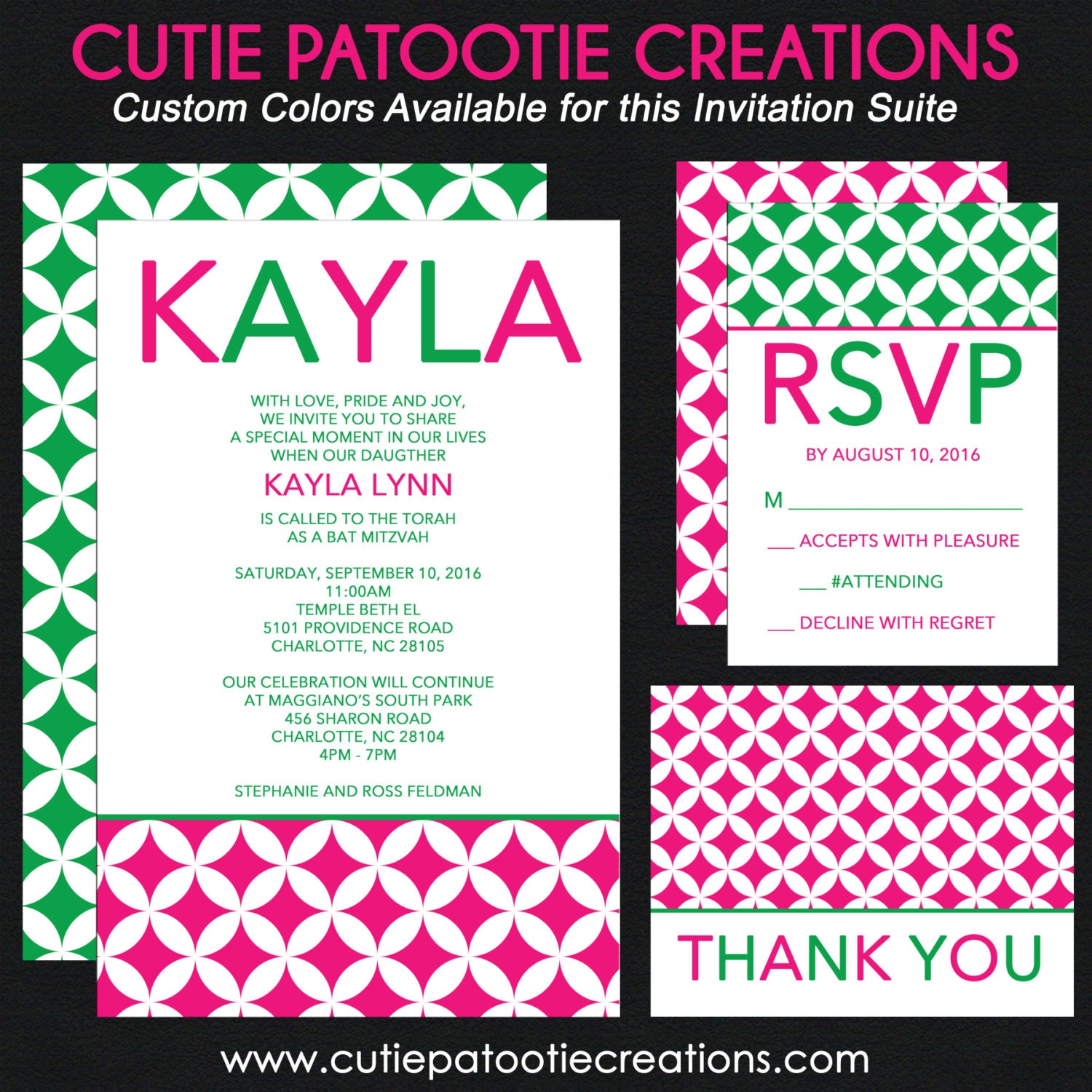 Bat Mitzvah Invitations - Hot Pink, White & Green Custom Color, Pattern Design Add Rsvp Card, Thank You Notes, Envelope Addressing
