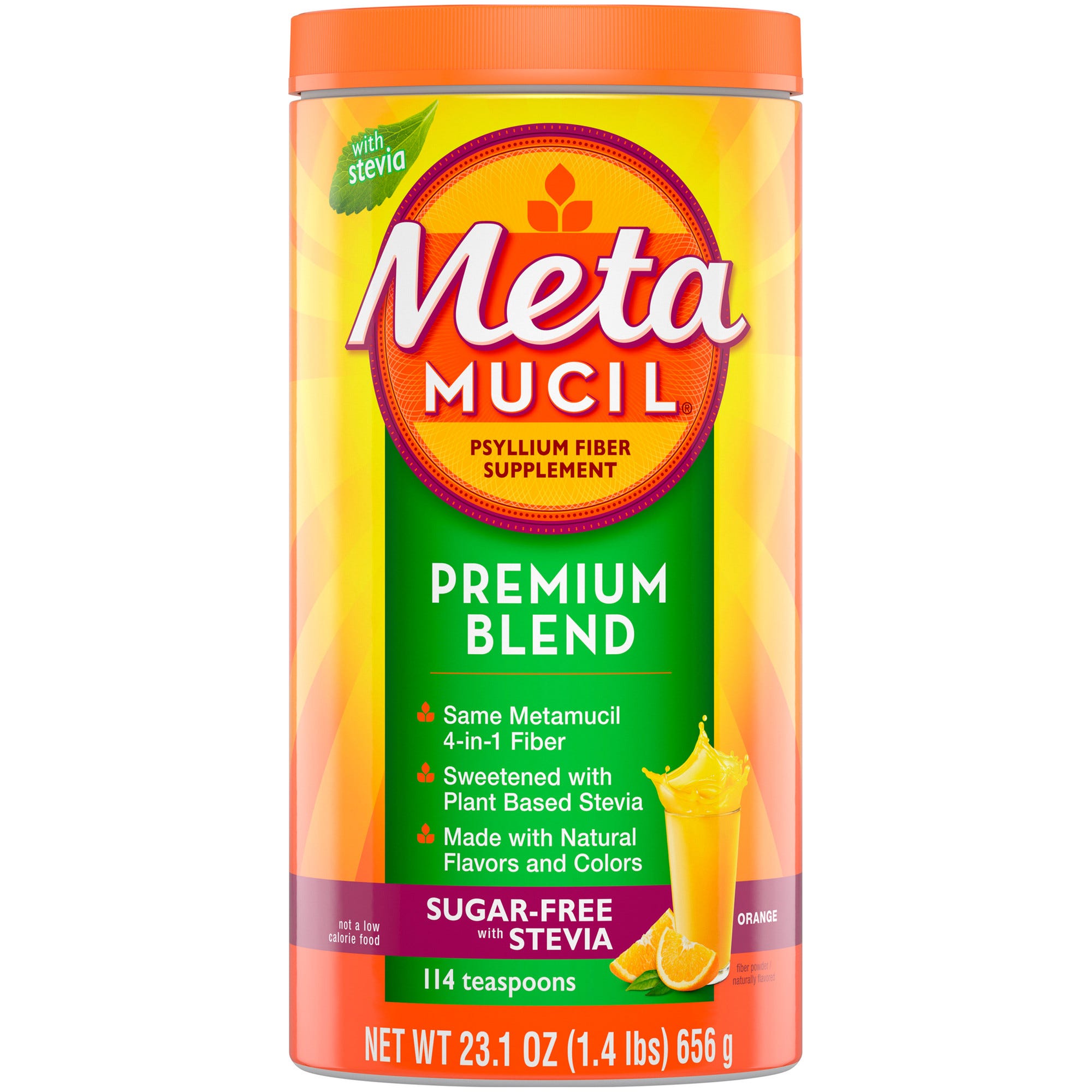 Metamucil Premium Blend Psyllium Fiber Powder, Sugar Free, Orange - 23.1 oz