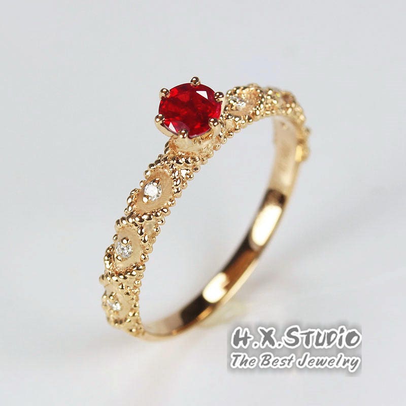 Hx Jewelry | Milgrain Ruby Diamond Engagement Ring in Solid 18K Gold/Filigree Lace Design Ring/Custom Fine Jewelry/Gift For Women & Girls