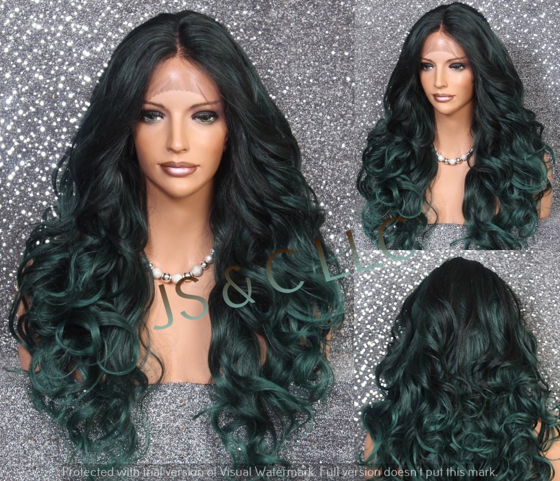 Human Hair Blend Full Lace Front Wig Center Hand Tied Part Green Mix Curly Layered Cancer/Alopecia/Cosplay