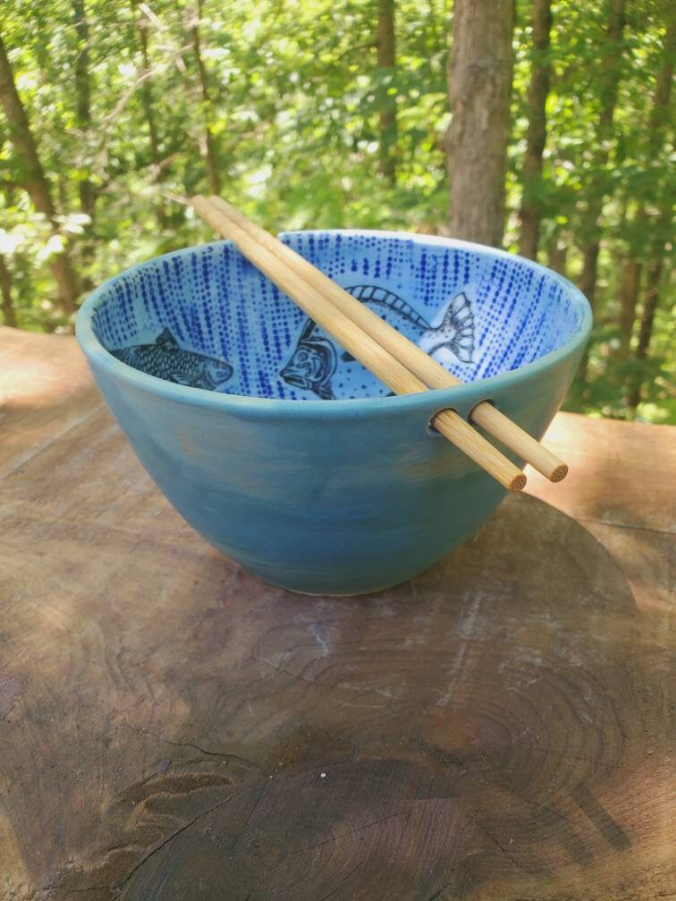 Handmade Fish Pattern Noodle Bowl With Chopsticks, Blue Glaze, Stoneware, Rice Stir Fry Bowl, 3 Cups, Free Shipping