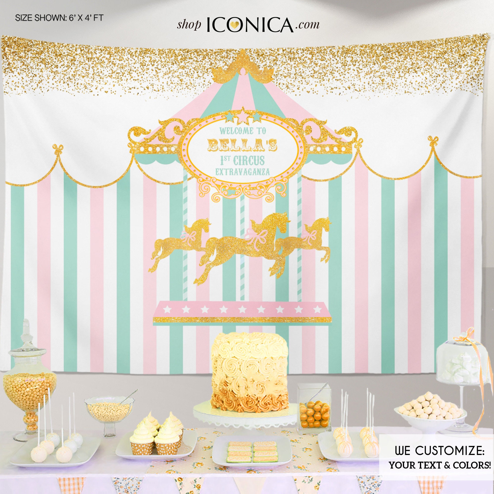 Carousel First Birthday Backdrop, Girls Circus Party Decor, Pink Carnival Backdrop, Pastel Colors, Printed Or Printable File Bbd0117