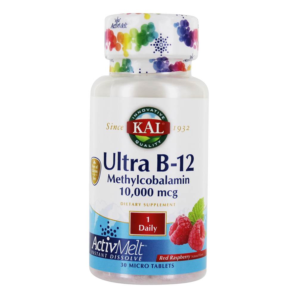 Kal - Ultra Vitamin B12 Methylcobalamin Red Raspberry 10000 mcg. - 30 Micro Tablets