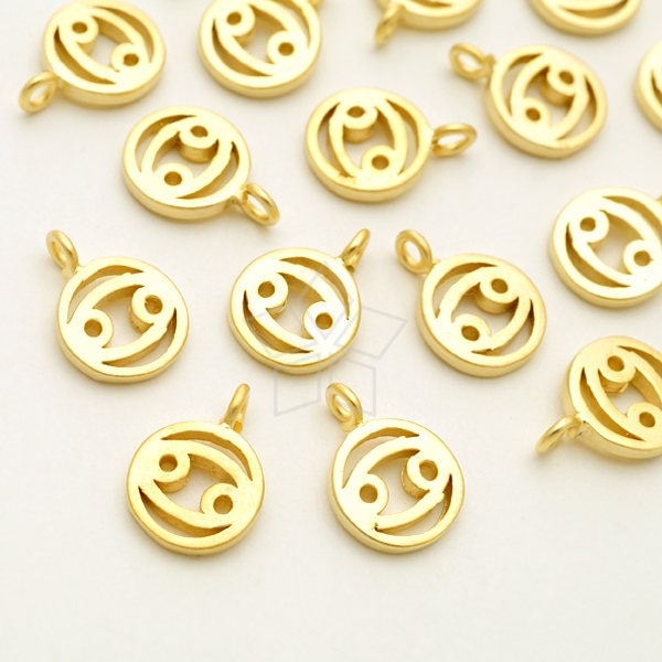 Pd-2236-Mg/4 Pcs - Zodiac Sign Symbol Charms, Constellation, Cancer, The Crab, June, July Birthday, Matte Gold Plated Over Brass 7.4mm
