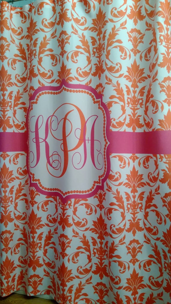 Shower Curtain Damask Monogrammed in Lengths 70, 74, 78, 84 Or 96 Inches Shown Orange & Hot Pink