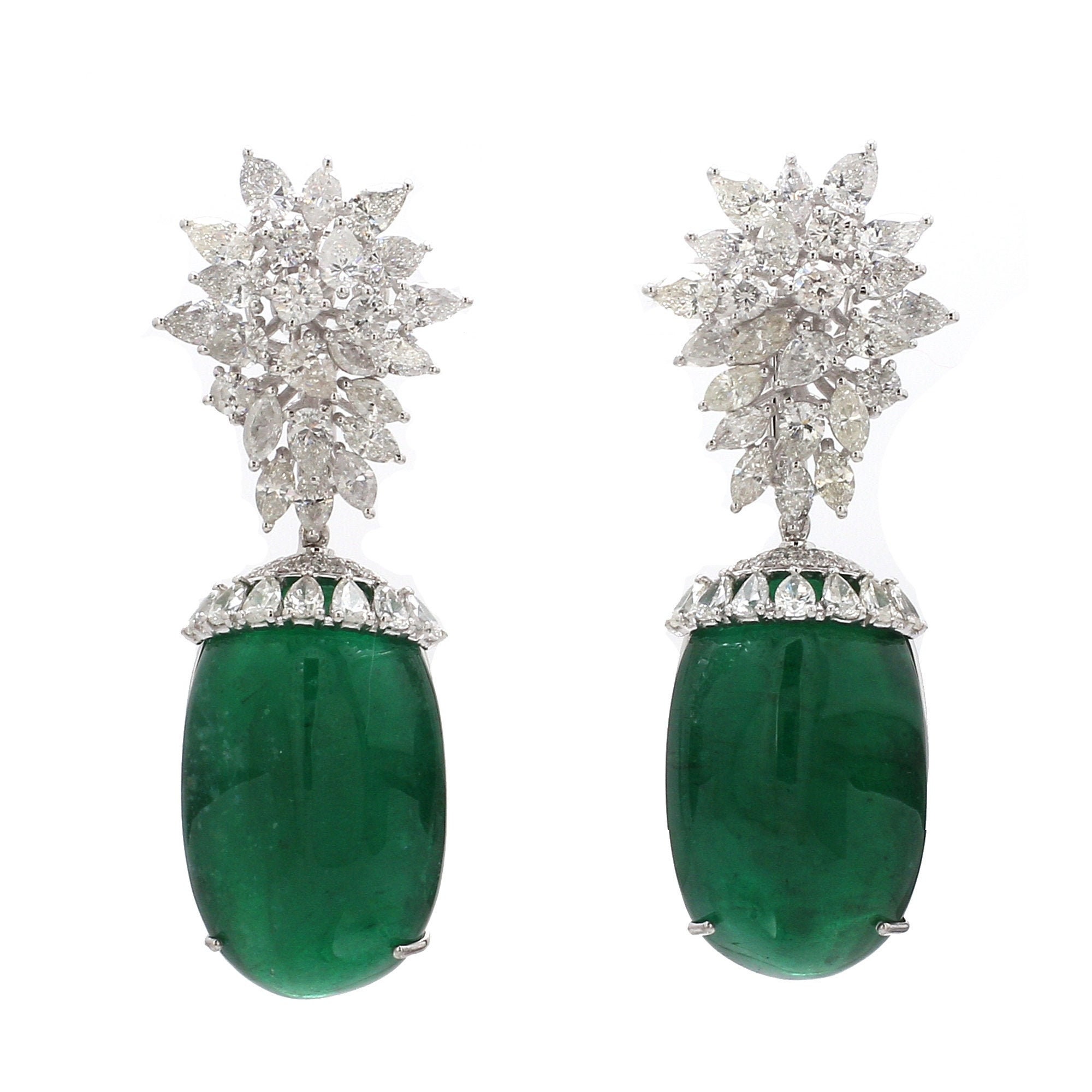 Diamond Earrings Natural 68.4 Carat Oval Zambian Emerald 14K White Gold Fine Jewelry For Women