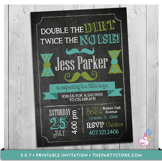 Twin Boys Baby Shower Invitation | Printable Little Man Bowtie Mustache Invitations For Boy Twins Blue Green Chalkboard Birthday Invites