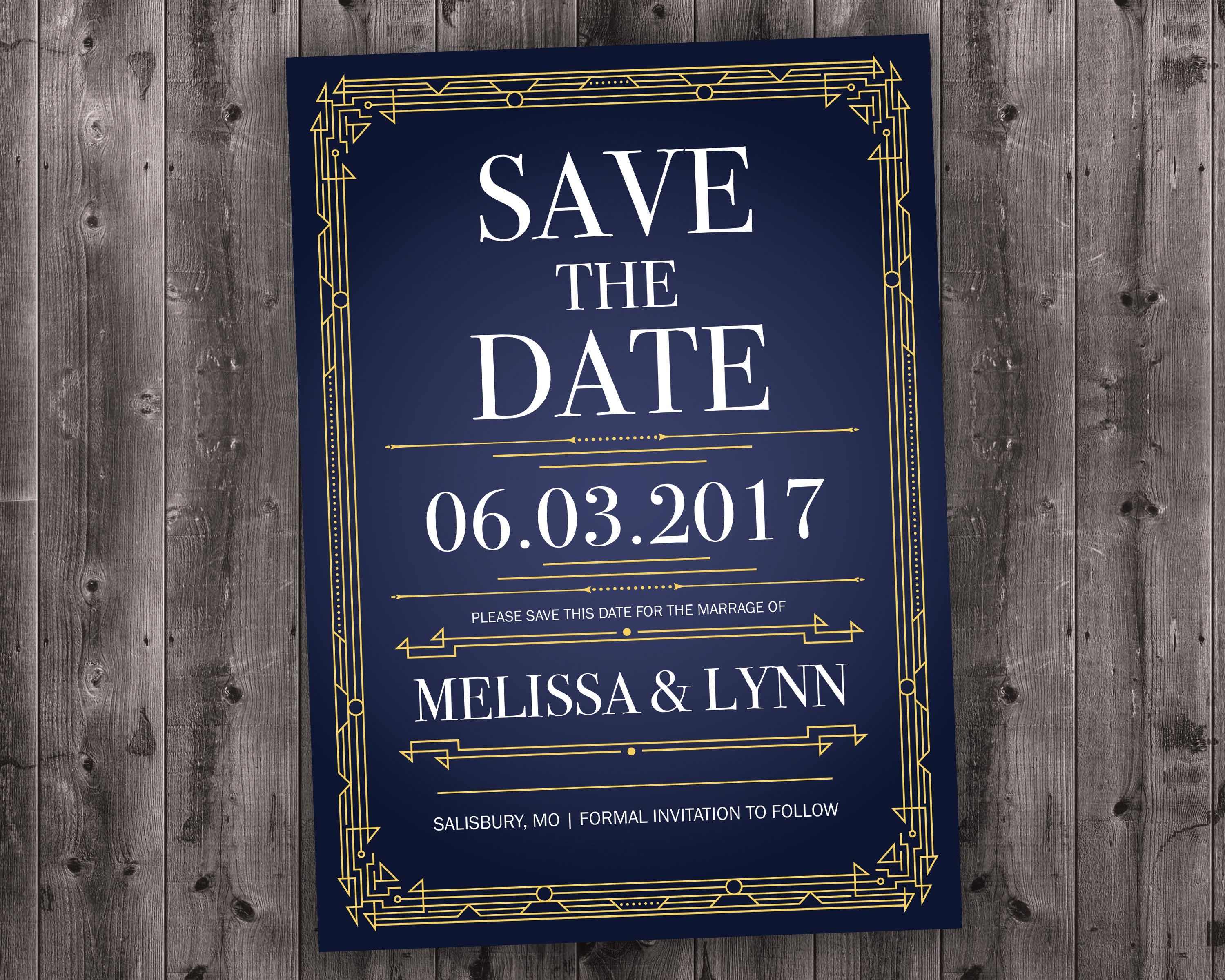 Art Deco Gold & Navy Blue Save The Date Cards Printed With Envelopes - Cheap, Affordable, Gatsby, Elegant, Rsvp, 50's