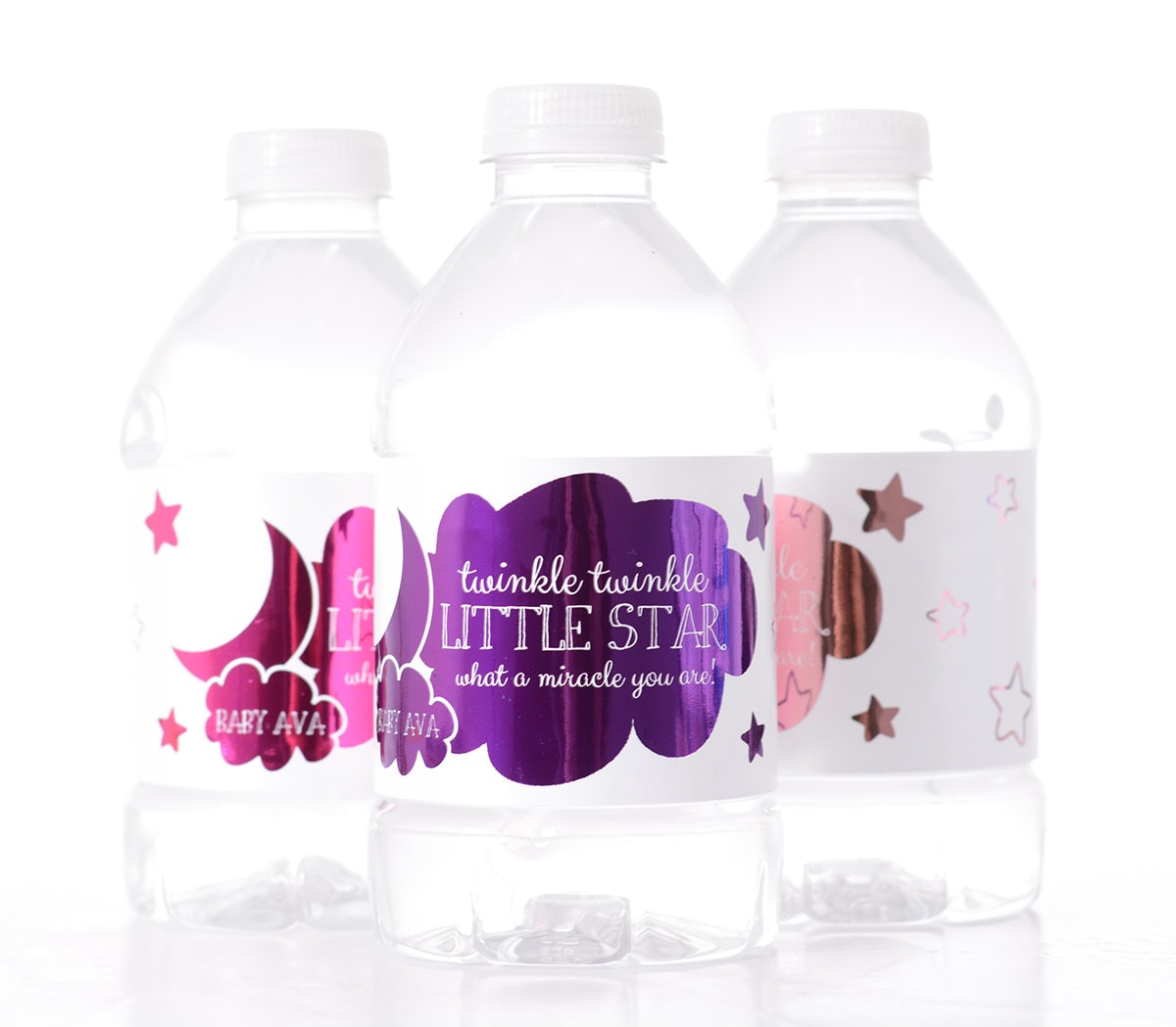 Metallic Foil Cute Baby Shower Water Bottle Labels - Metallic Stickers Shiny Personalized