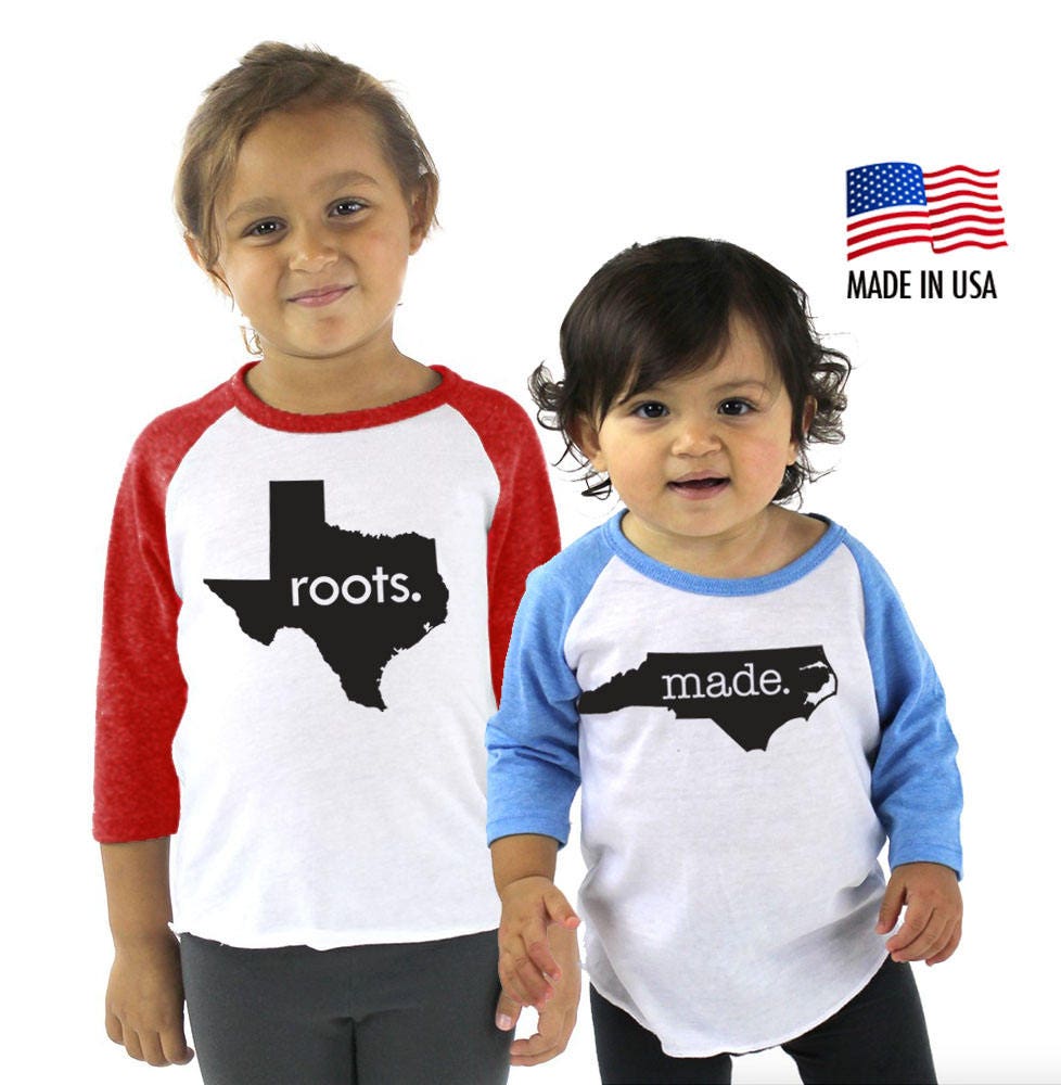 All States "Roots' Or "Made' Tri-Blend Raglan Baseball Shirt - Infant, Toddler, Kid, Youth Sizes
