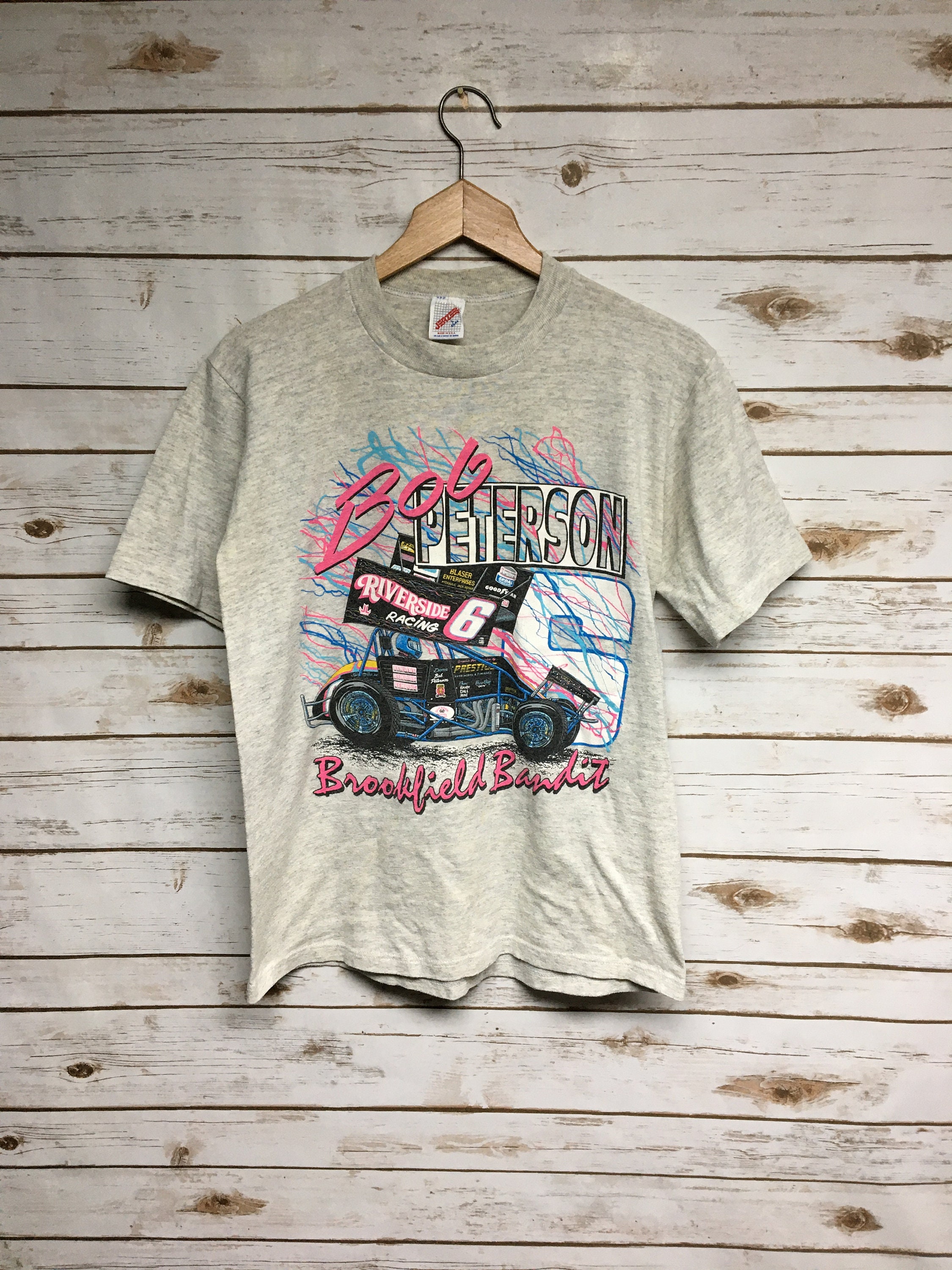 Vintage 90's Jerzees Tri Blend Bob Peterson Racing T Shirt Heather Grey Rayon Made in Usa Brookfield Bandit - Small/Medium