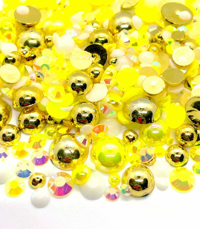 Golden Hour Blend Rhinestone Mix 2mm-10mm Flatback Jelly Resin | Faux Pearls Rhinestones Mixed Sizes, Gold Yellow