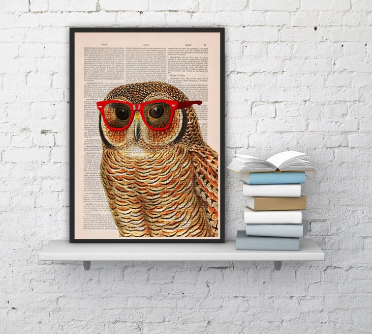 Cool Owl With Sunglasses Wall Decor Printed On Vintage Book Page Great For Gifts Ani035