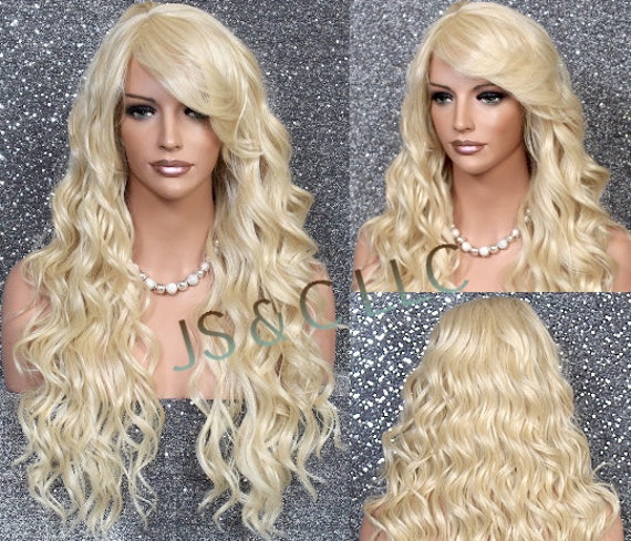 Human Hair Blend Bleach Blonde Wavy Curly Wig Heat Ok Full Bangs Side Part Layrered Cancer/Alopecia/Cosplay