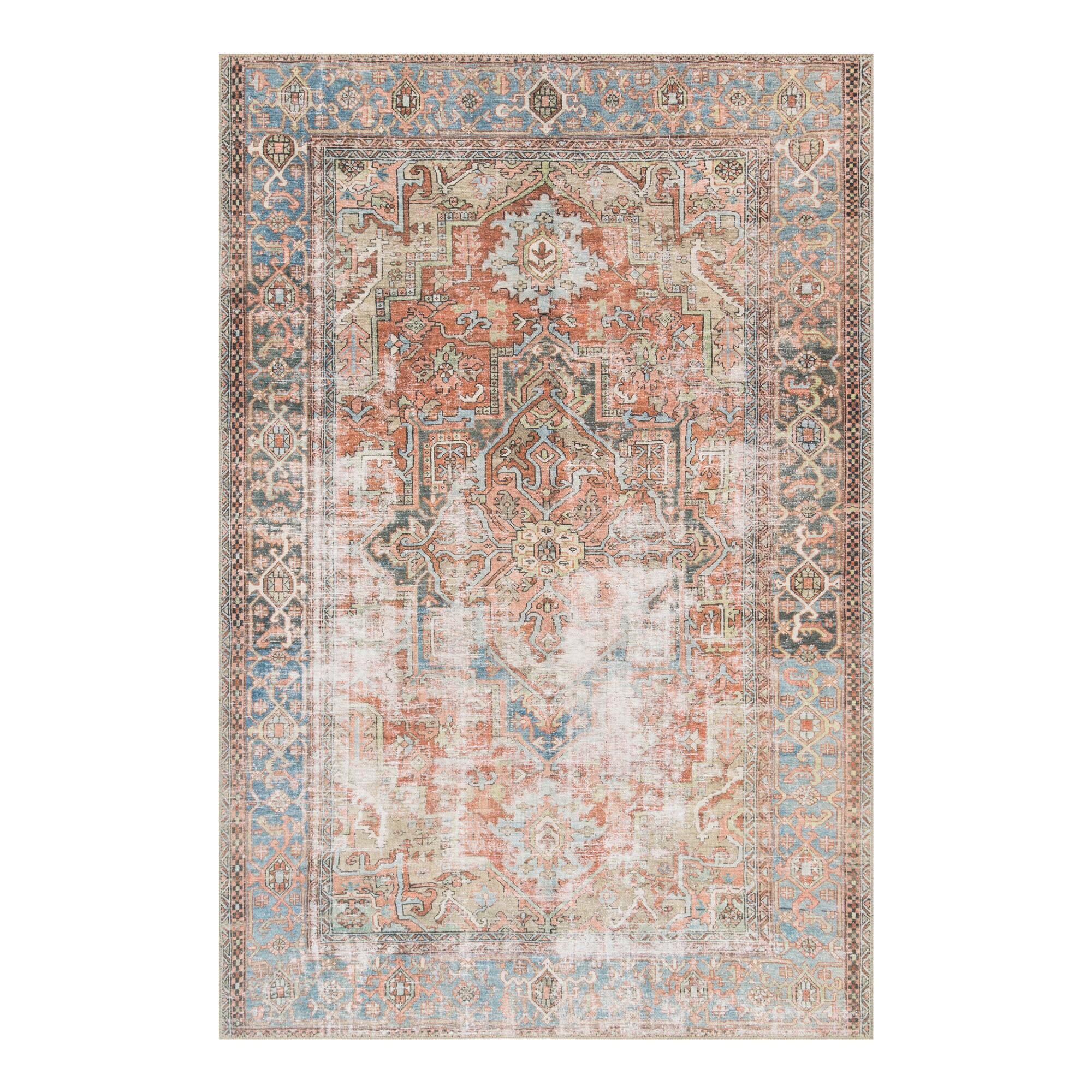 Terracotta and Blue Distressed Lauren Area Rug: Orange - Polyester - 5' x 8' by World Market