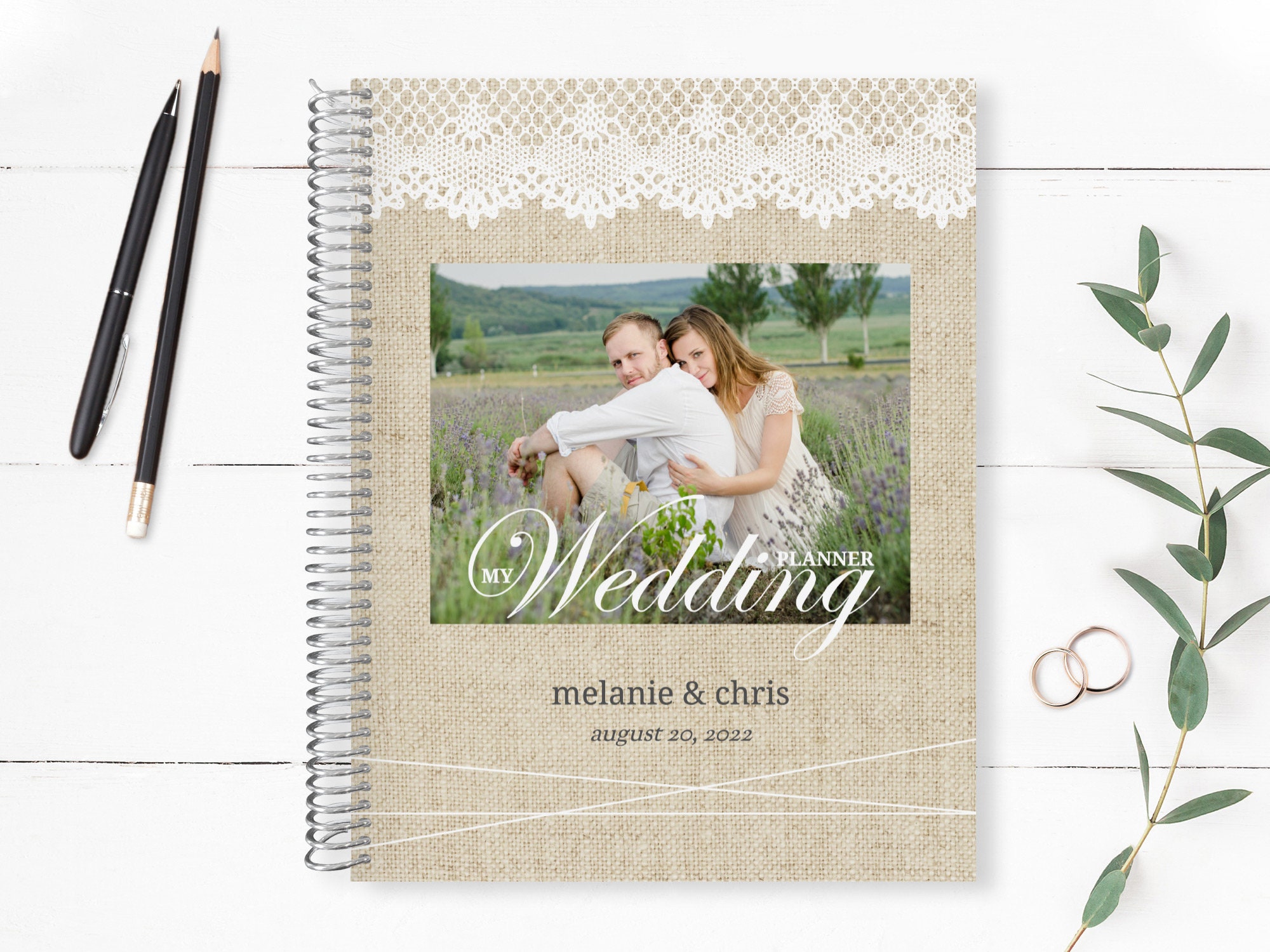 Complete Wedding Planner, Photo Printed On Cover, Customized With Name & Date, Organization, Rustic Design