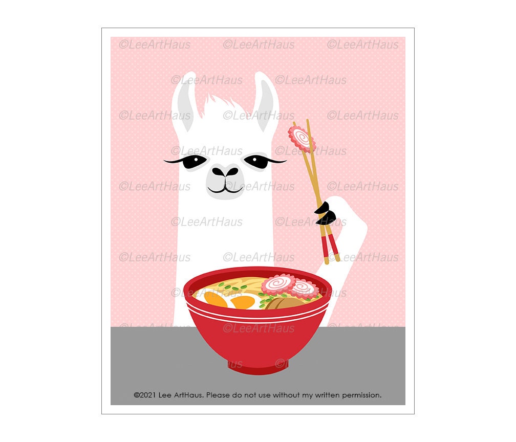101J White Llama Eating Ramen Pink Background Wall Art - Sign Kitchen Decor Gifts Funny Animal Prints Lover Gift
