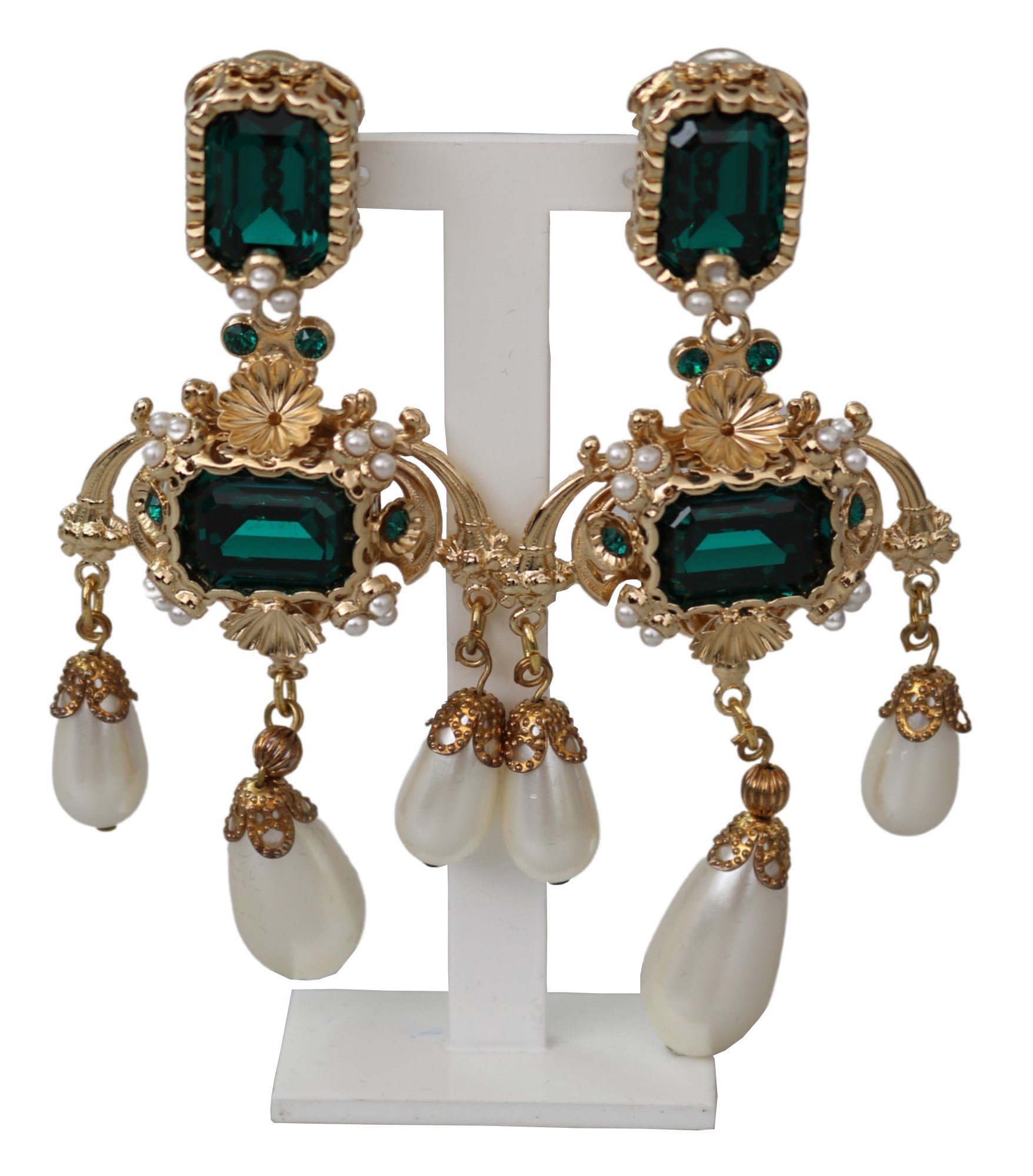Gold Brass Green Filigree Crystal Charms Dangle Clip-on Earrings