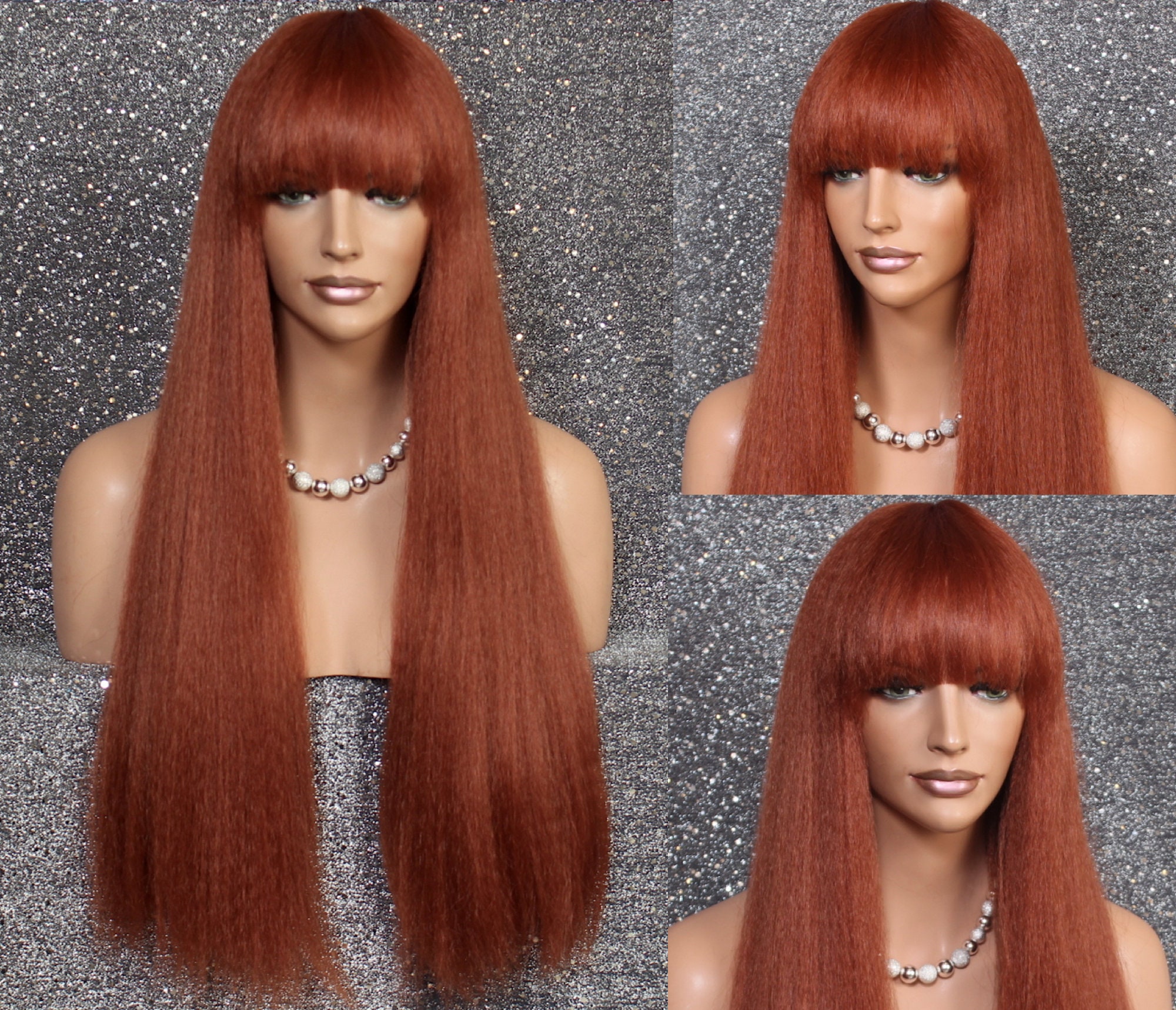 Human Hair Blend Body Crimpted Textured Long Blunt Bangs & Length Copper Red Heat Safe Wig Cancer/Alopecia/Cosplay