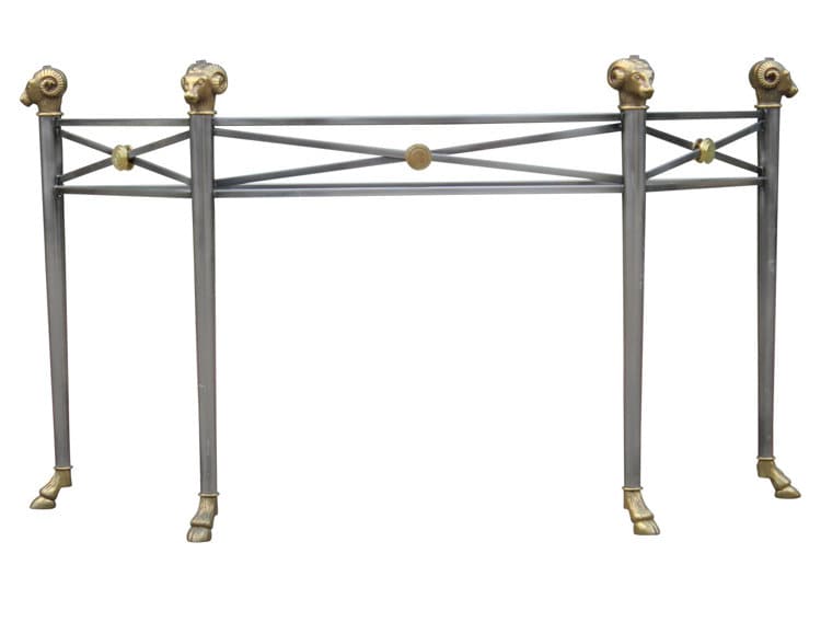 Glass & Brass Regency Console Sofa Nickel Brass Rams Head Hoof Mixed Metal Silver Gold Entry Table Statement Glam Royalty Regal Dia