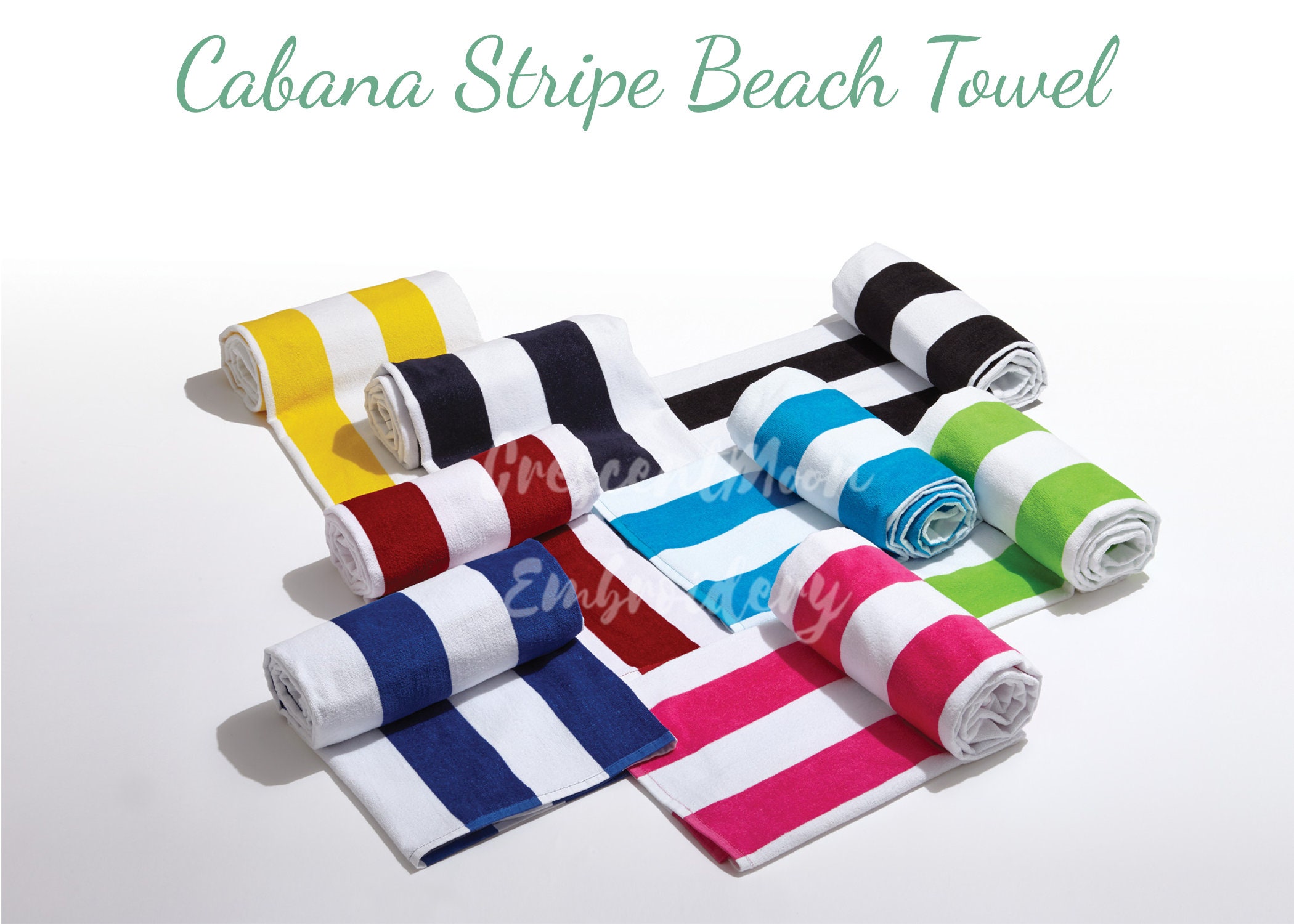 Personalized Cabana Stripe Beach Towel - Monogrammed Initials - Custom Large Pool Embroidered Name Logo Or Text