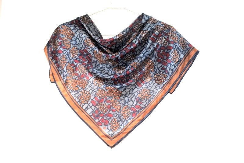 Fall Fashion Vintage 1960S, Silk Blend , Earth Color Scarf With A Mosaic Abstract Flowers Design . Made By Vera