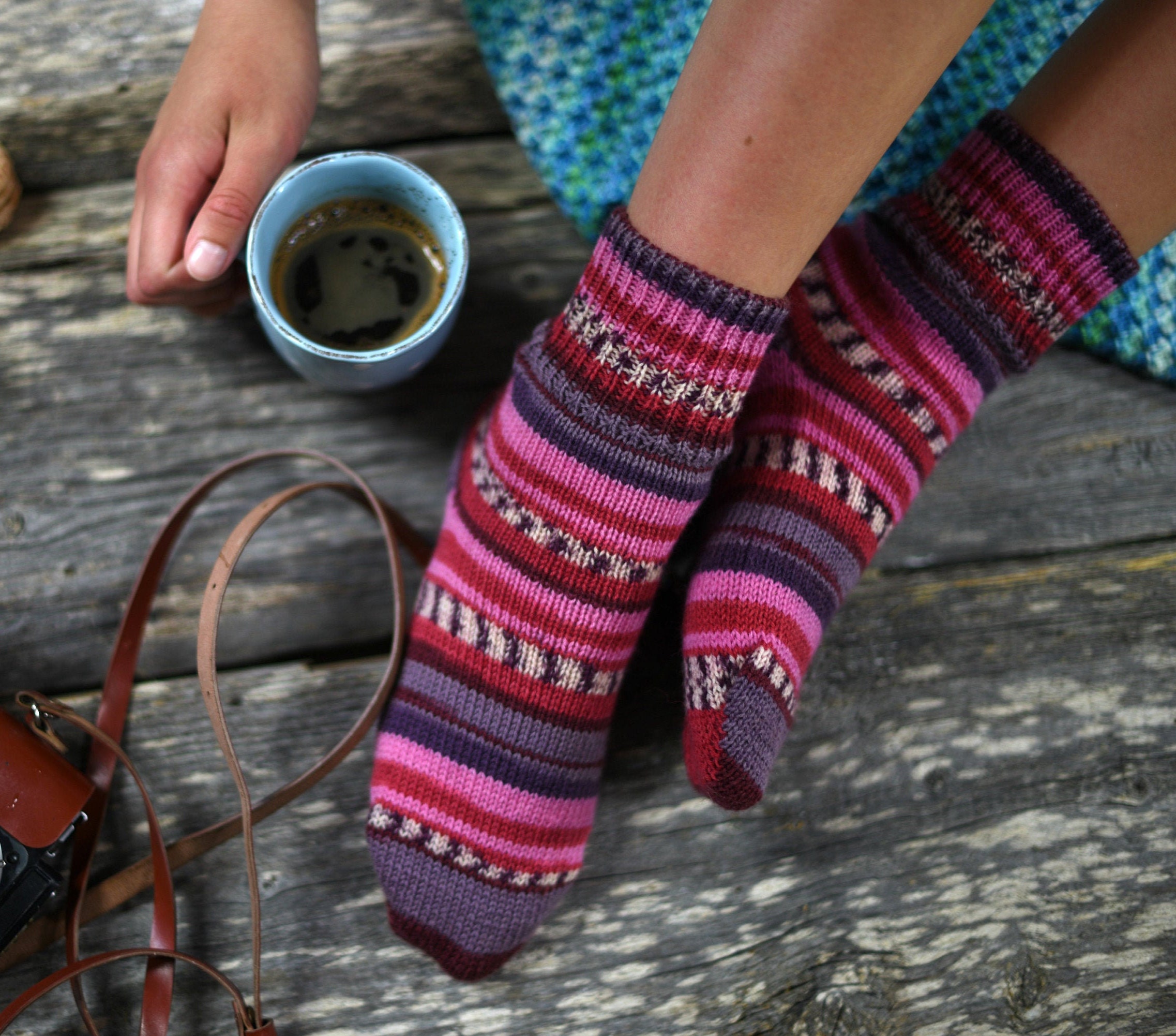 striped Customized Socks, Wool Knitted Socks Gift For Wife, Custom Knit Pink Wool Leg Warmers, Best Friend Long Distance