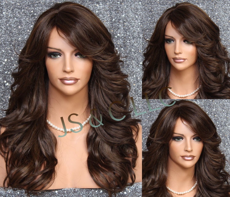 Brown Mixed Human Hair Blend Long Full Heat Ok Wavy Wig Romantic Feathered Sides Bangs Layers Cancer/Alopecia/Cosplay