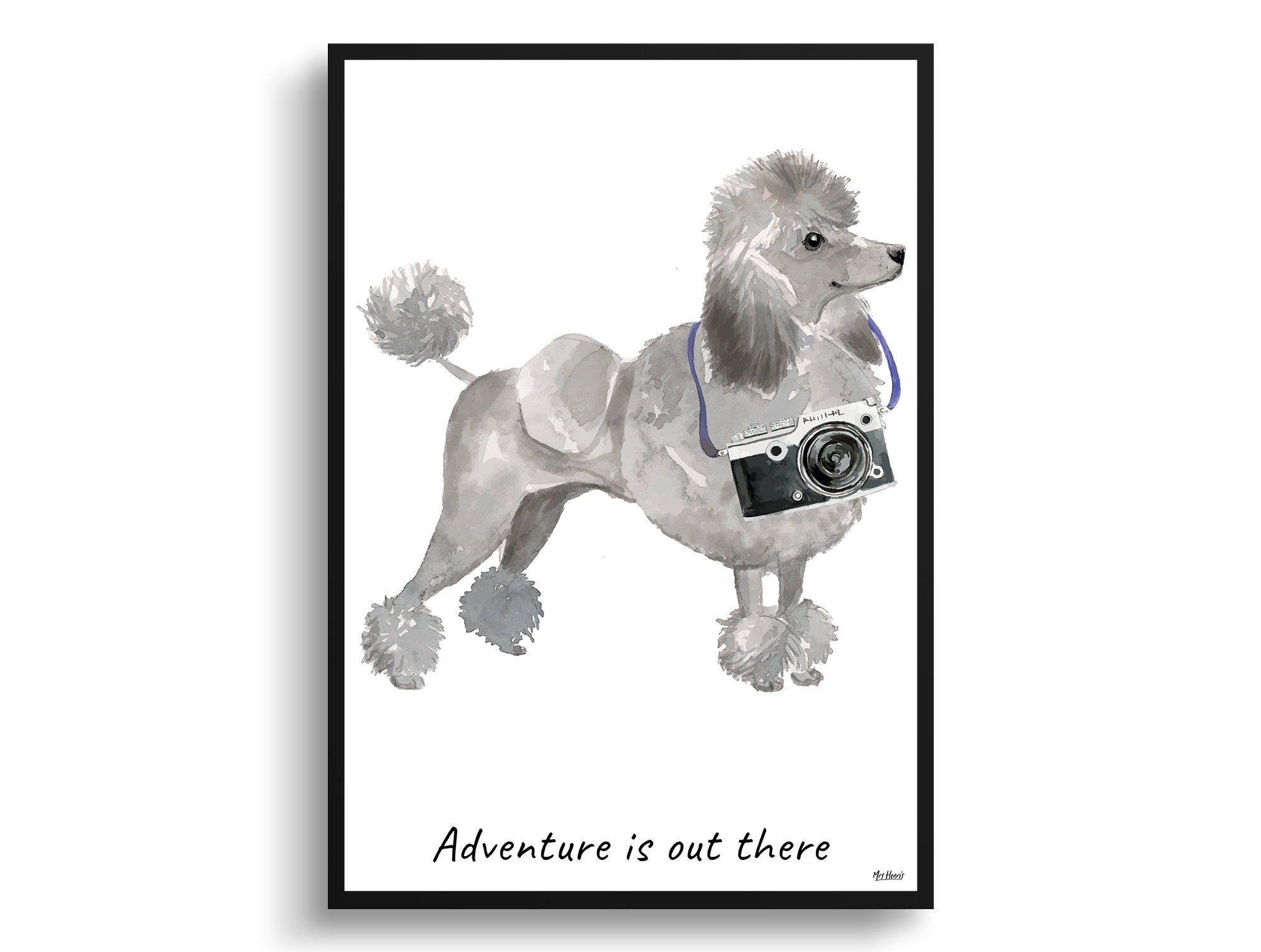 Adventure Is Out There Grey Poodle Dog Print Illustration. Framed & Un-Framed Wall Art Options. Personalised Name