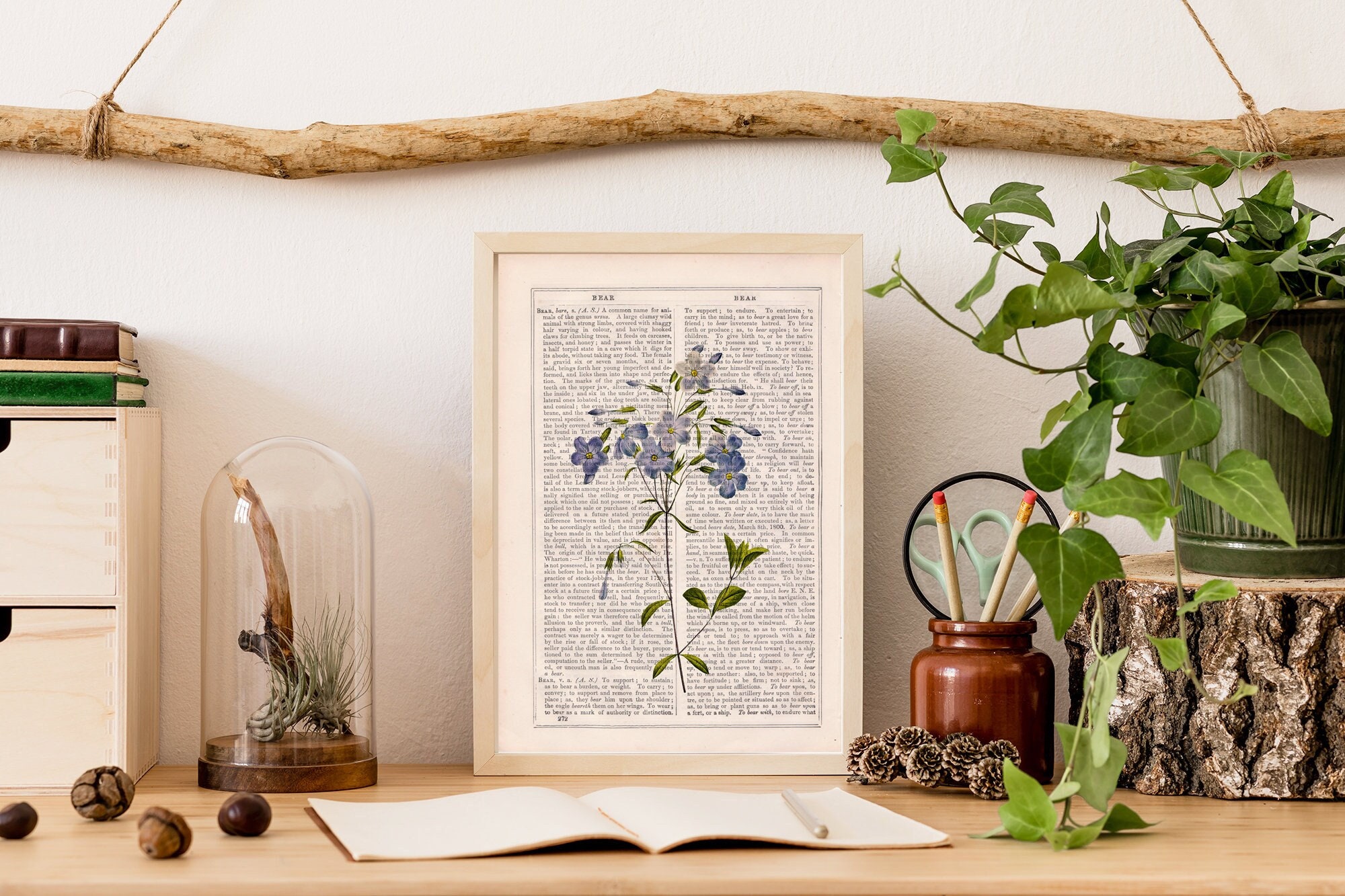 Linen Flowers Bouquet On Vintage Dictionary Page- Book Art - Flower Wall Housewarming Gift Print Bfl243