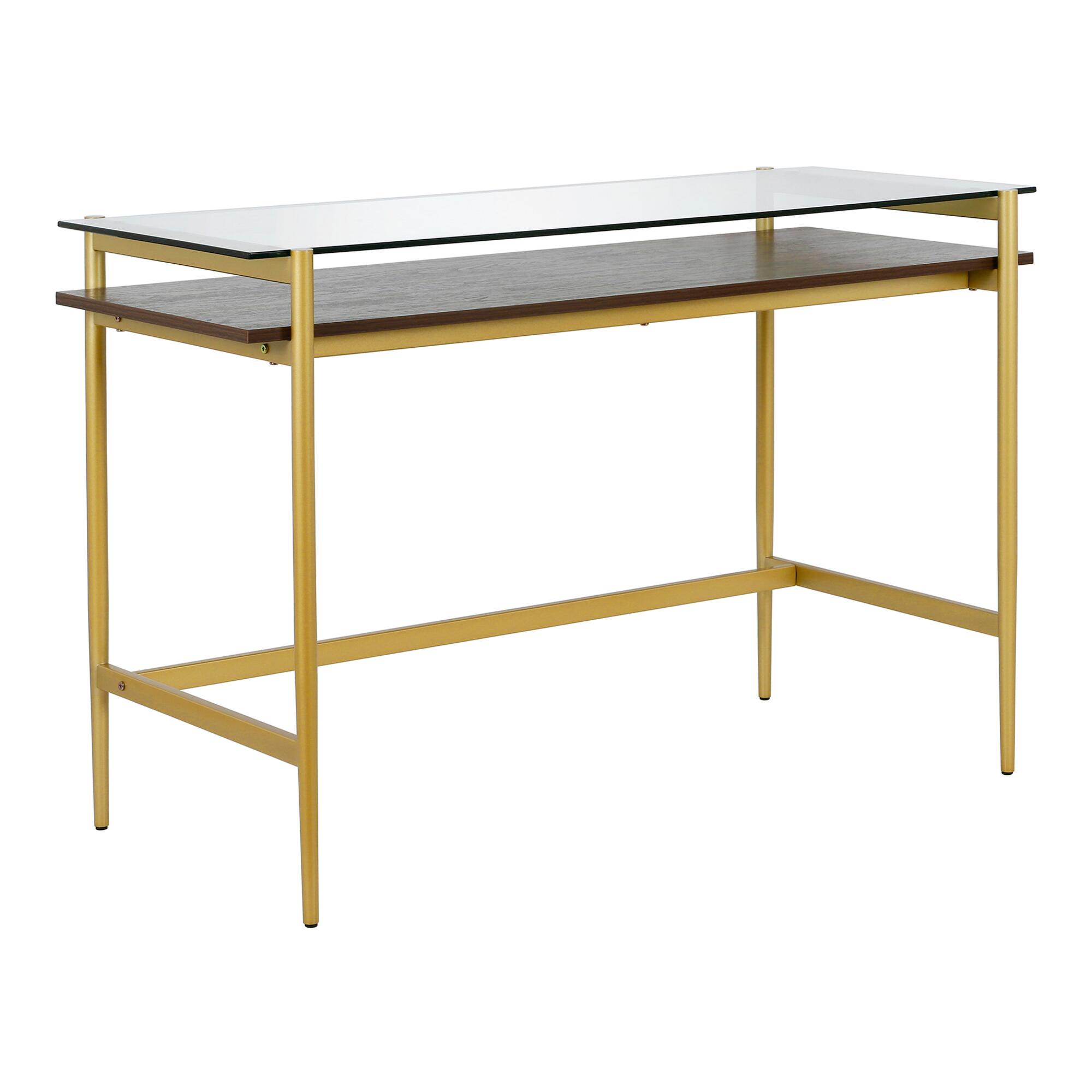 Brass and Walnut Glass Top Ruta Desk with Shelf: Metallic by World Market