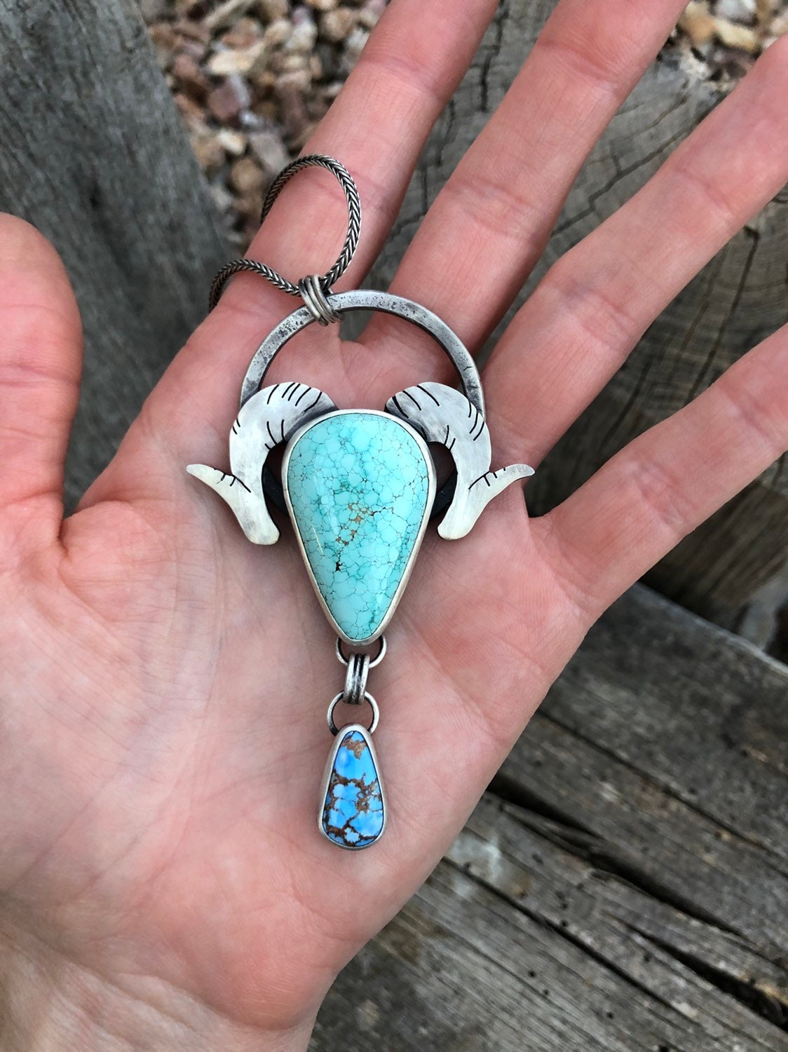 sterling Silver Bighorn Sheep Totem With Turquoise Silver, .925, Ram, Aries Genuine Jewelry