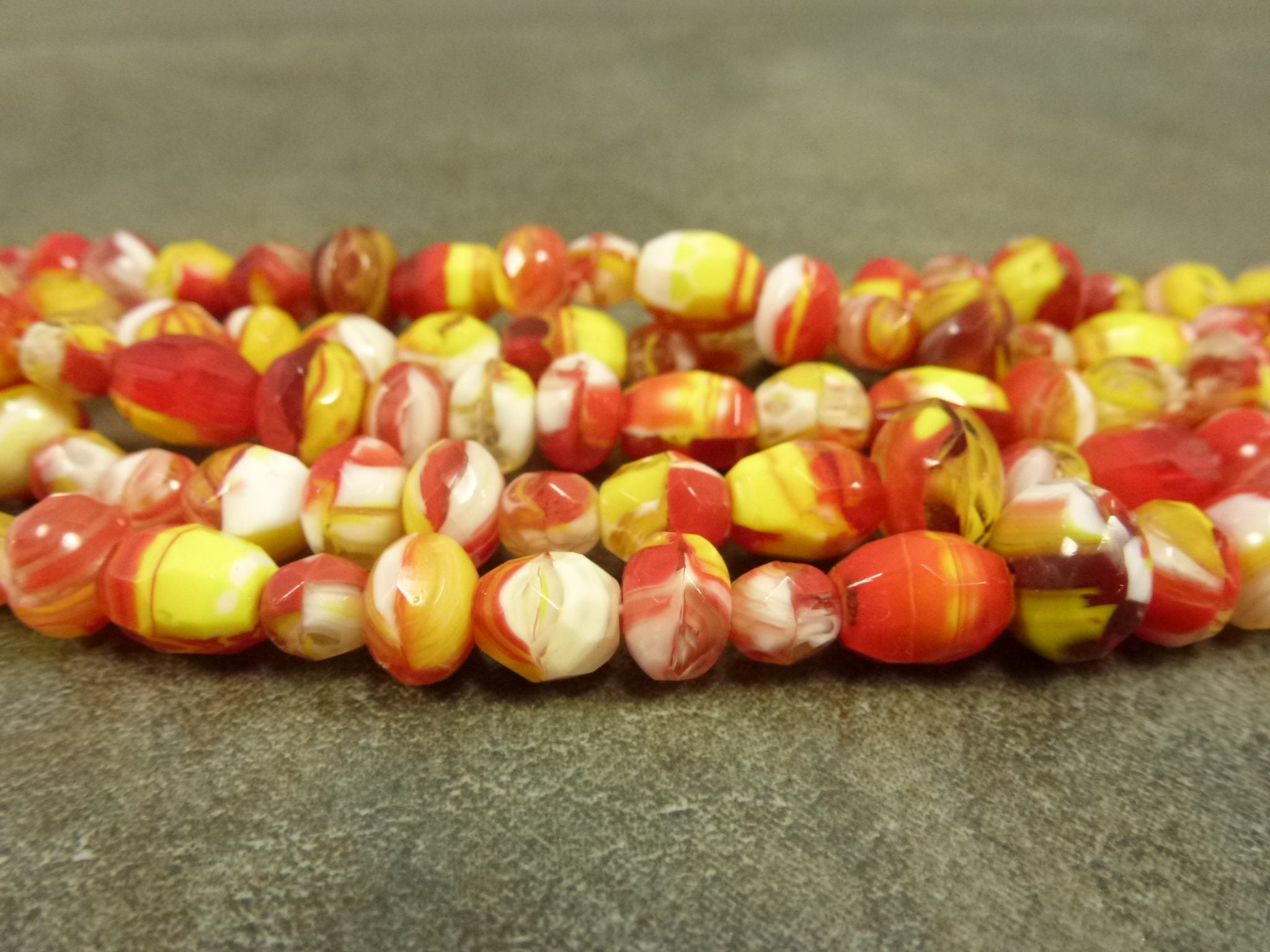 Red/Yellow/White Blend Czech Glass Bead Mix, 6-10mm, Faceted Firepolish Beads, 25Pc Strand, Rondelle, Round, Oval