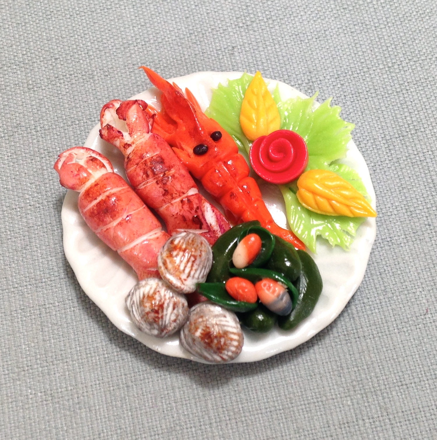 Grilled Seafood Lobster Mussel Squids Miniature Clay Polymer Food Supply Salad Cute Small Dish Plate Ceramic Dollhouse Jewelry Supplies 1/12