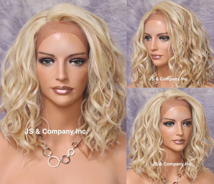 Natural Full Human Hair Blend Lace Front Wig With Side Lace Parting Beautiful Beachy Wavy Soft Texture Blonde Mix in Color