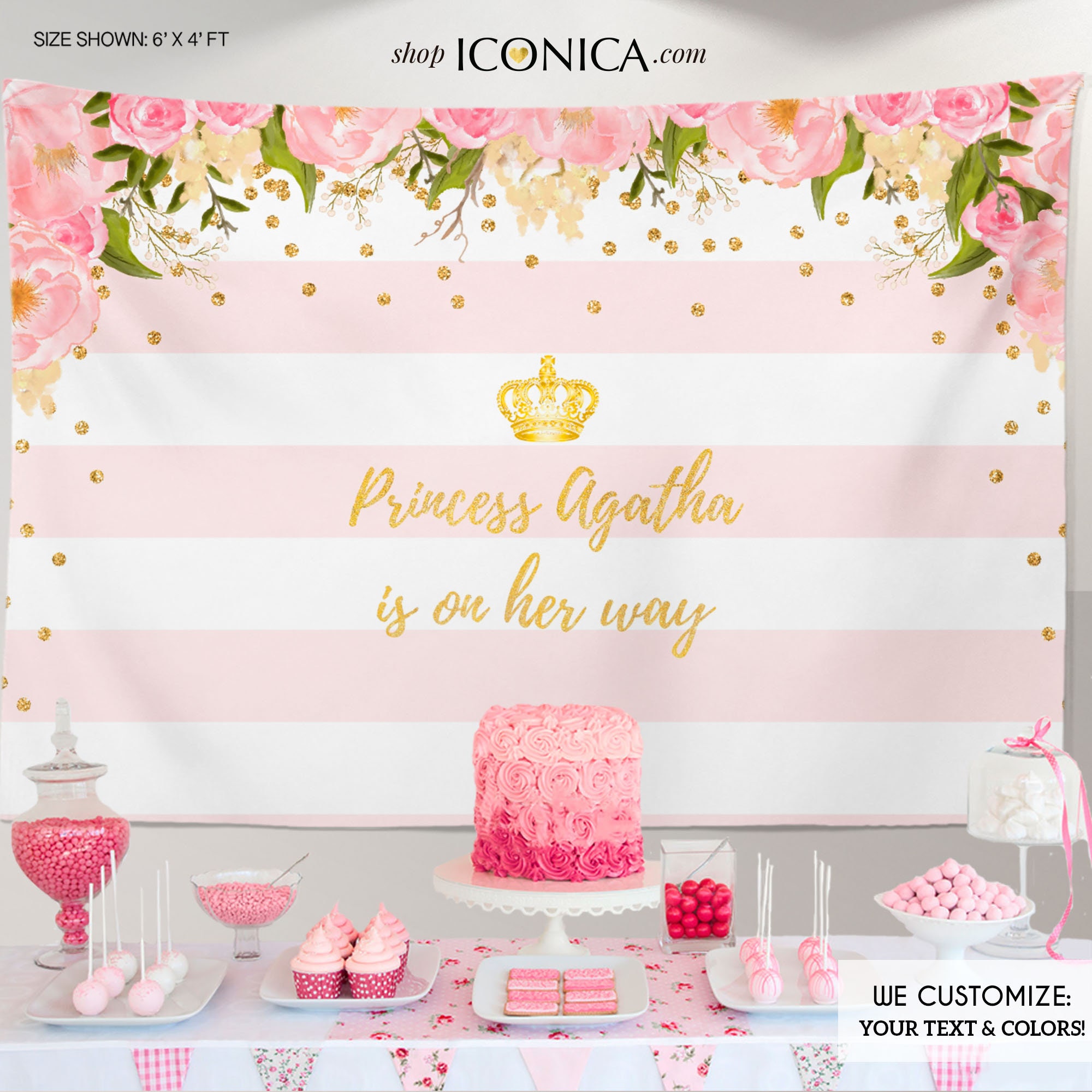 Floral Baby Shower Backdrop, Gold & Pink, Princess On Her Way Dessert Table Banner, Watercolor Flowers Garden Printed Or Printable