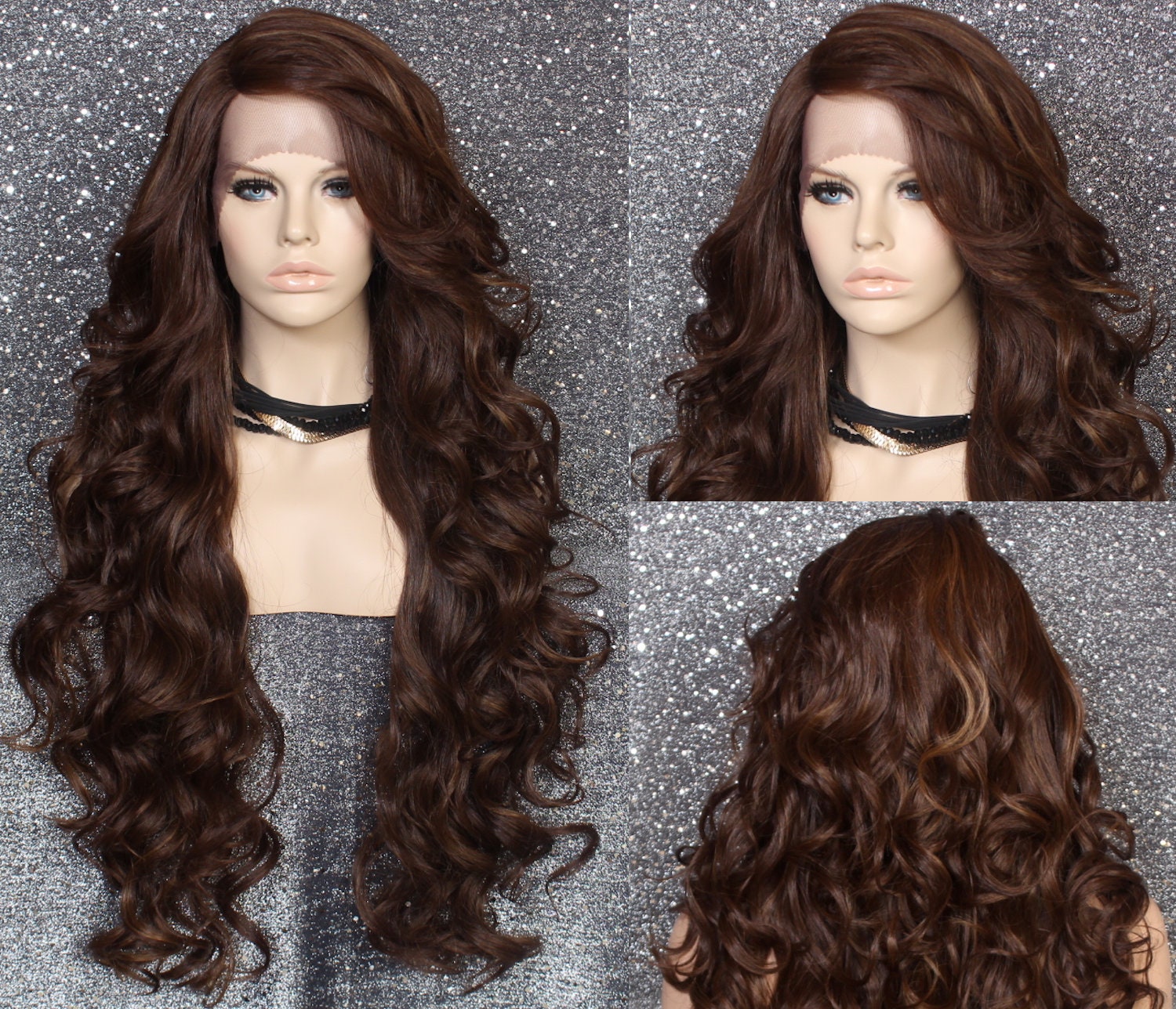 Extra Long Human Hair Blend Lace Front Wig 38 Curly Brown Auburn Carmel Mix Heat Safe Cancer/Alopecia/Theater/Cosplay/Club