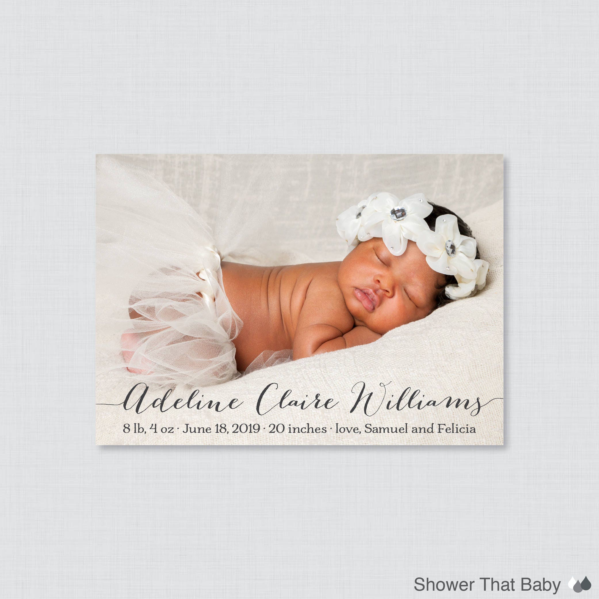 Printable Or Printed Photo Birth Announcement Cards With Name in Script, Elegant Announcement, Horizontal/Landscape Ba12