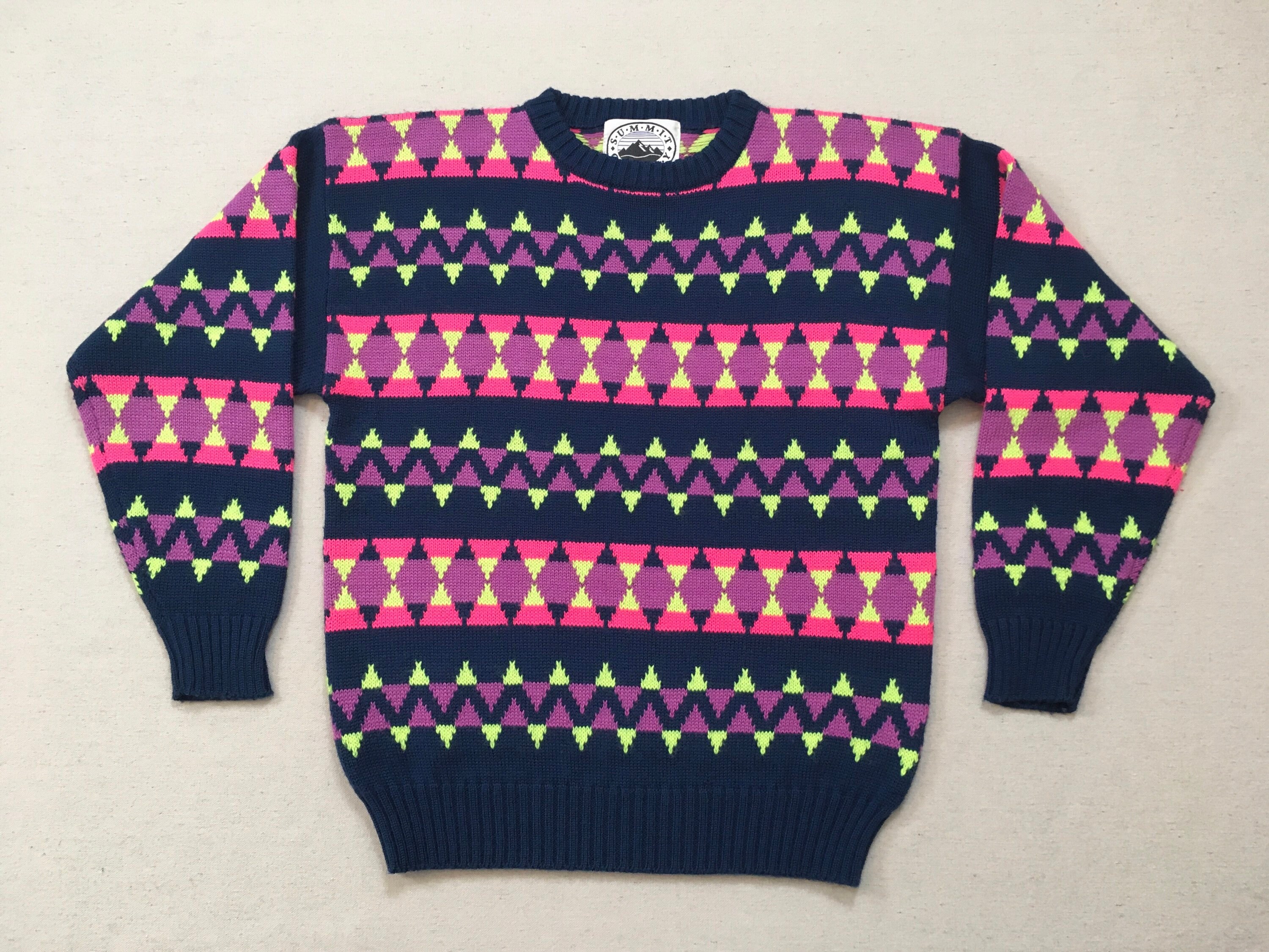 1980's, Wool Blend, Ski Sweater, in Navy With Purple, Neon Pink & Yellow, Diamond Design
