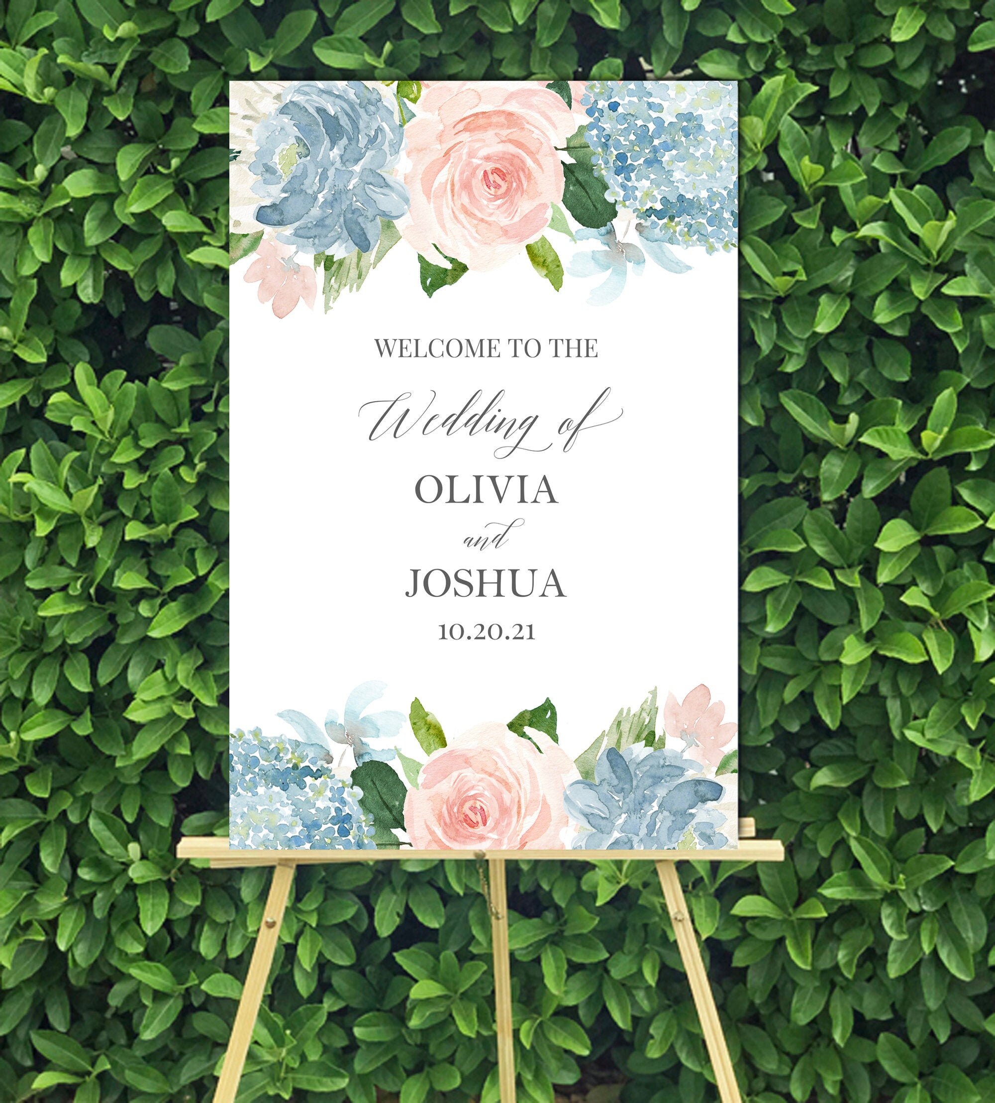 Blue & Blush Wedding Welcome Sign Rehearsal Dinner Bridal Shower Birthday - Dusty Blooms Collection