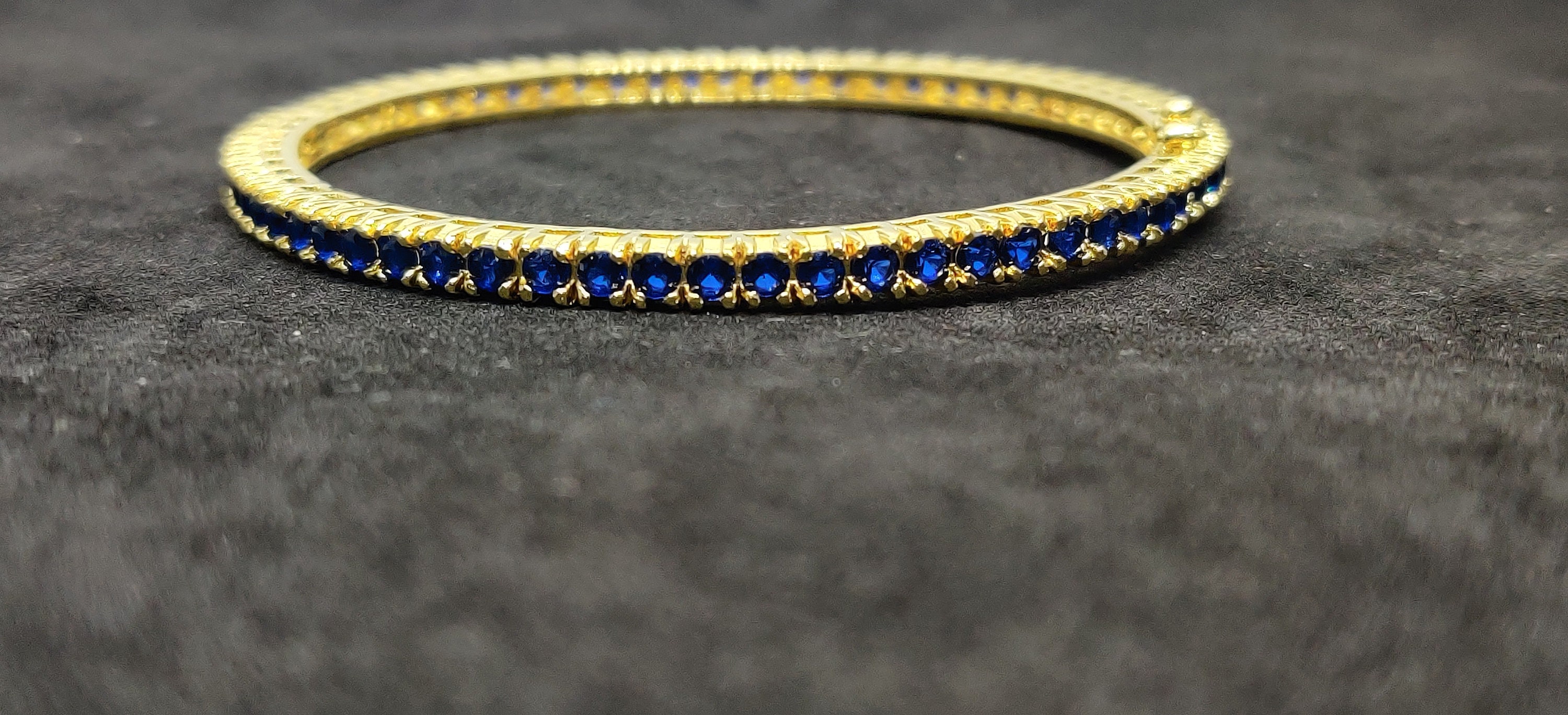 Blue Sapphire Diamond Bangle Bracelet With 14Kt Yellow Gold Finish On Sterling Silver, Gift For Her
