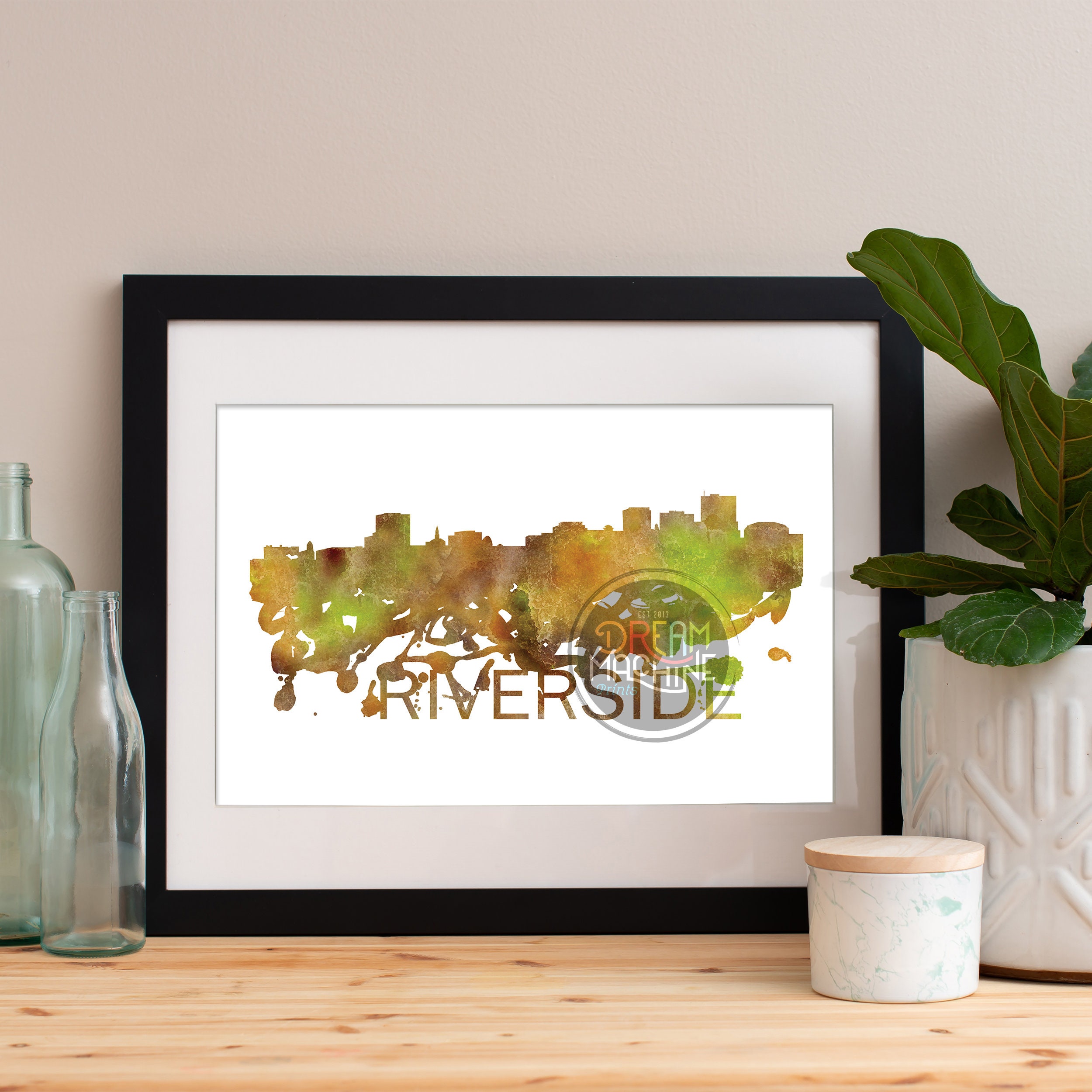Riverside Watercolor Skyline, Art, Poster, Print, Map