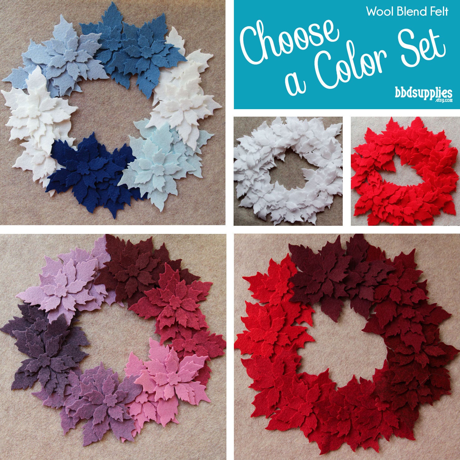 Wool Blend Felt Flowers | 12 Tattered Poinsettias| Pick A Color Set Diy 36 Unassembled