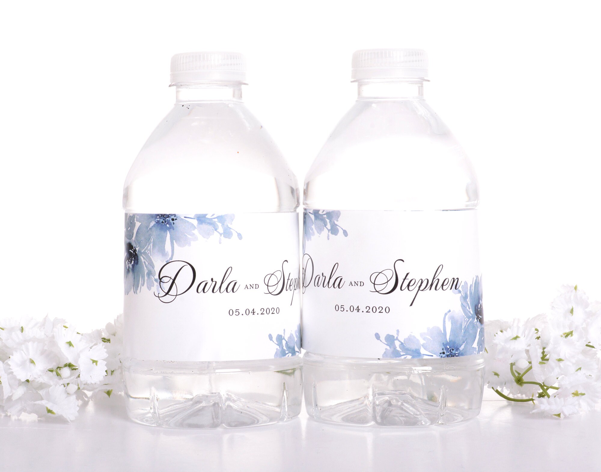 Floral Wedding Stickers, Waterproof Bottle Labels, Blue Flower Water Wraps, Custom Reception Decorations - #wdiw-332