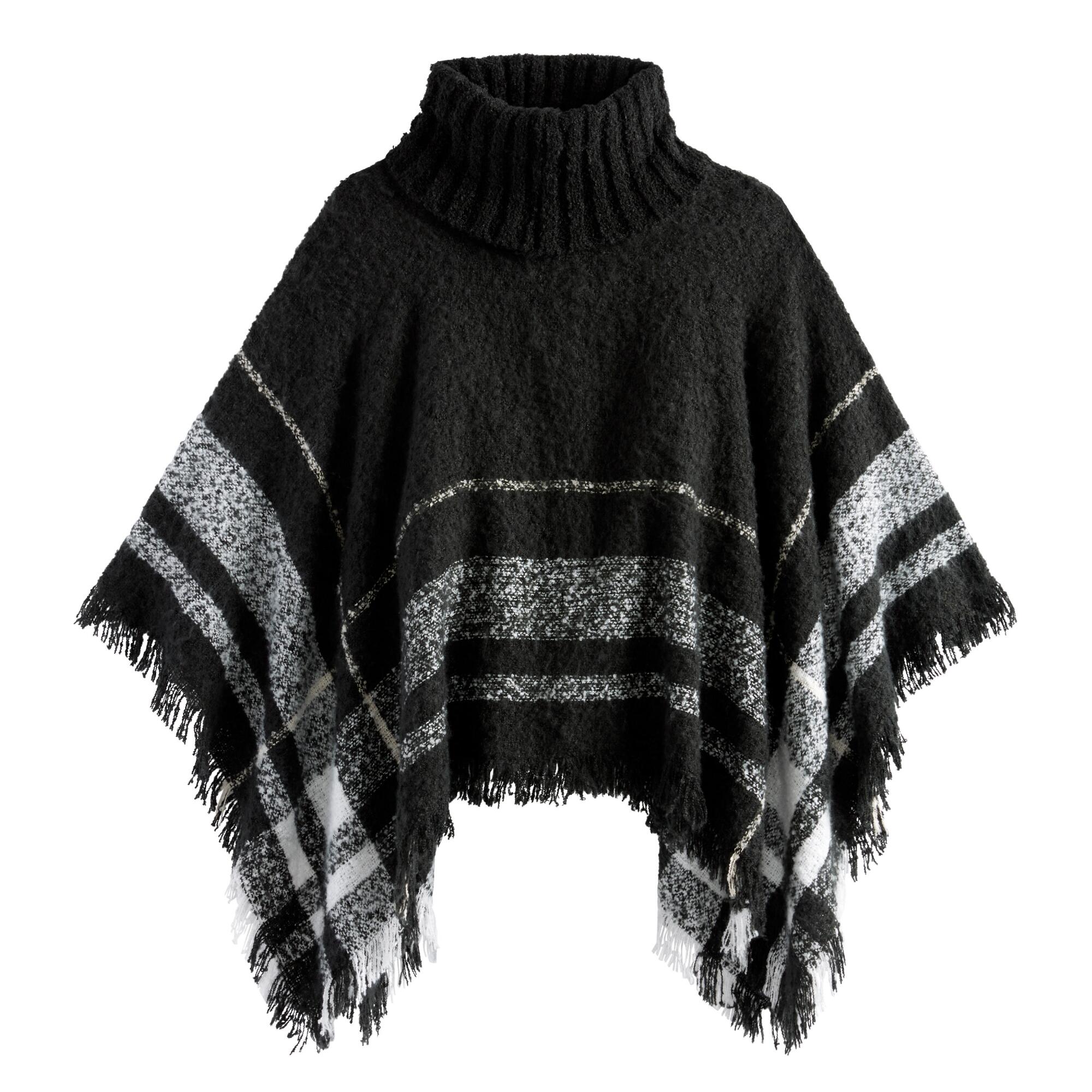 Black And White Stripe Boucle Turtleneck Poncho - Polyester by World Market