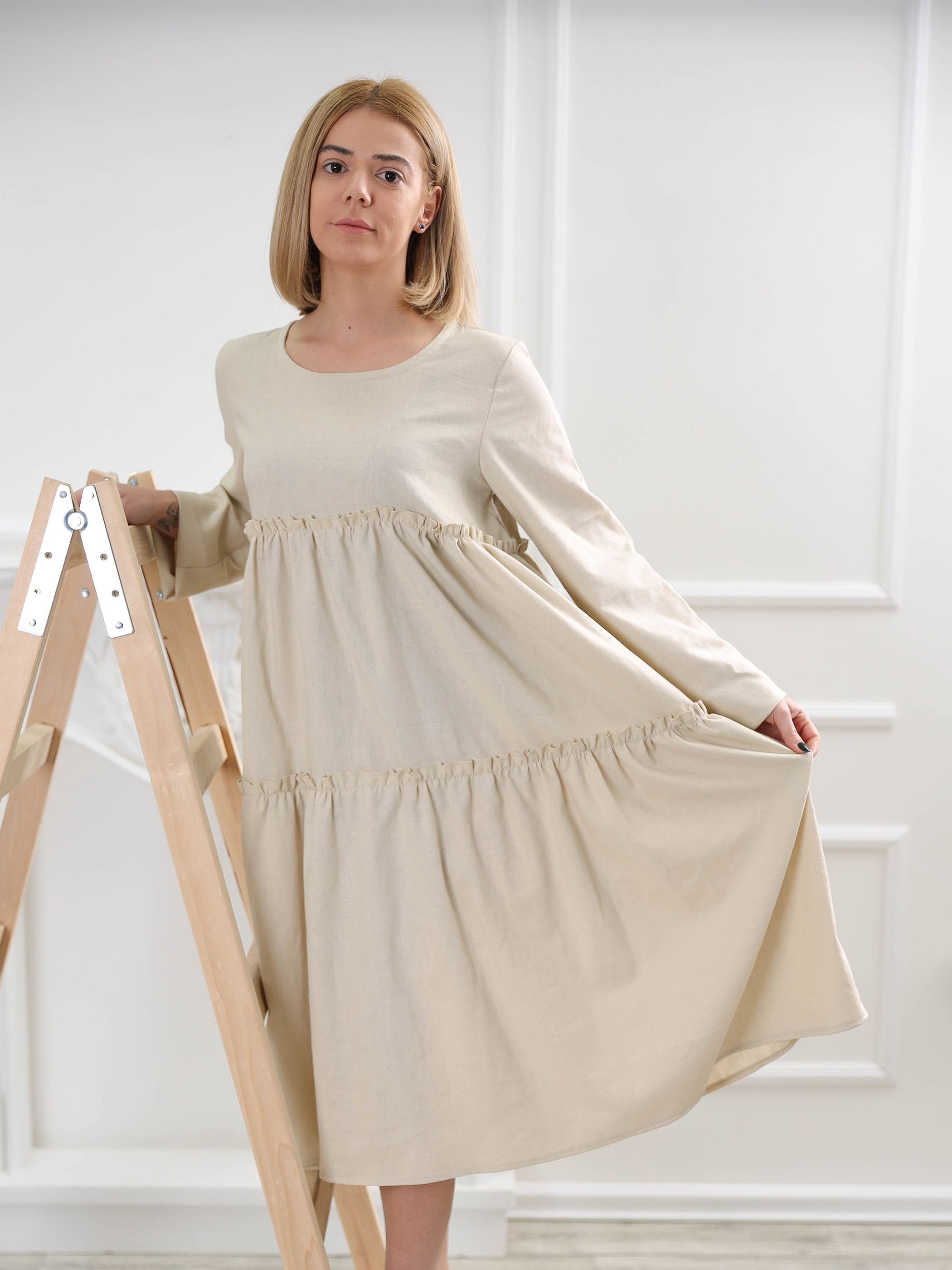 Linen Summer Dress, Long Sleeve Clothing, Plus Size Beige Pockets Casual Dress