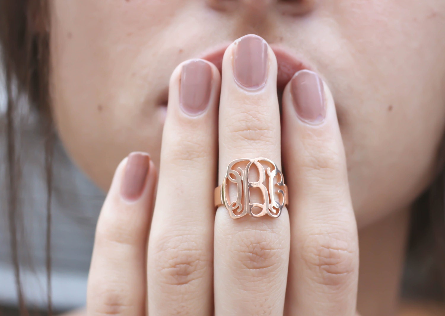 Personalized Initials Ring Custom Monogram Jewelry Thick Statement Name in Sterling Silver & Rose Gold Wedding Rh04